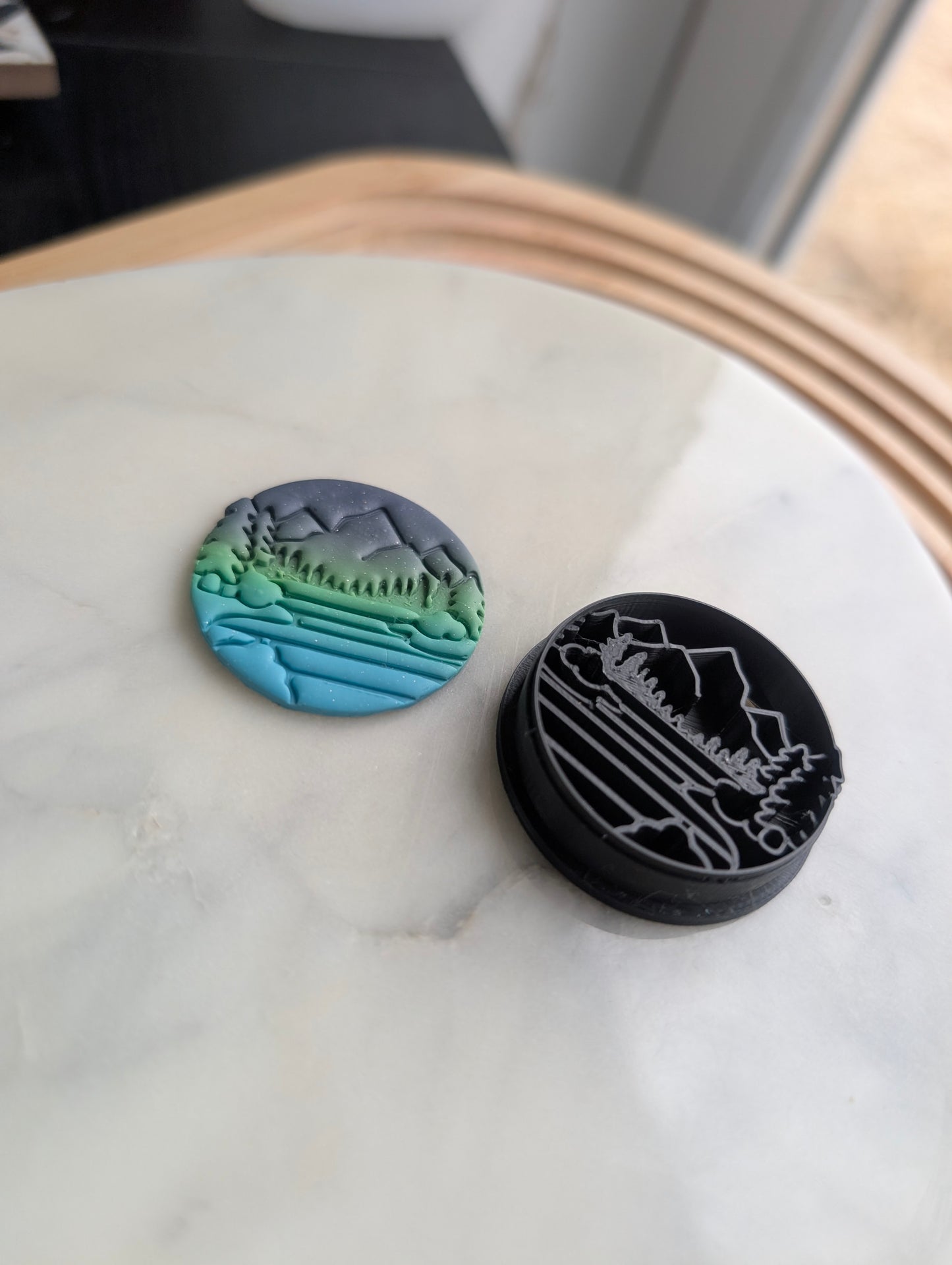 Mountain Scene with Trees and Lake in Circle Embossed Sharp Cutter for Clay and More