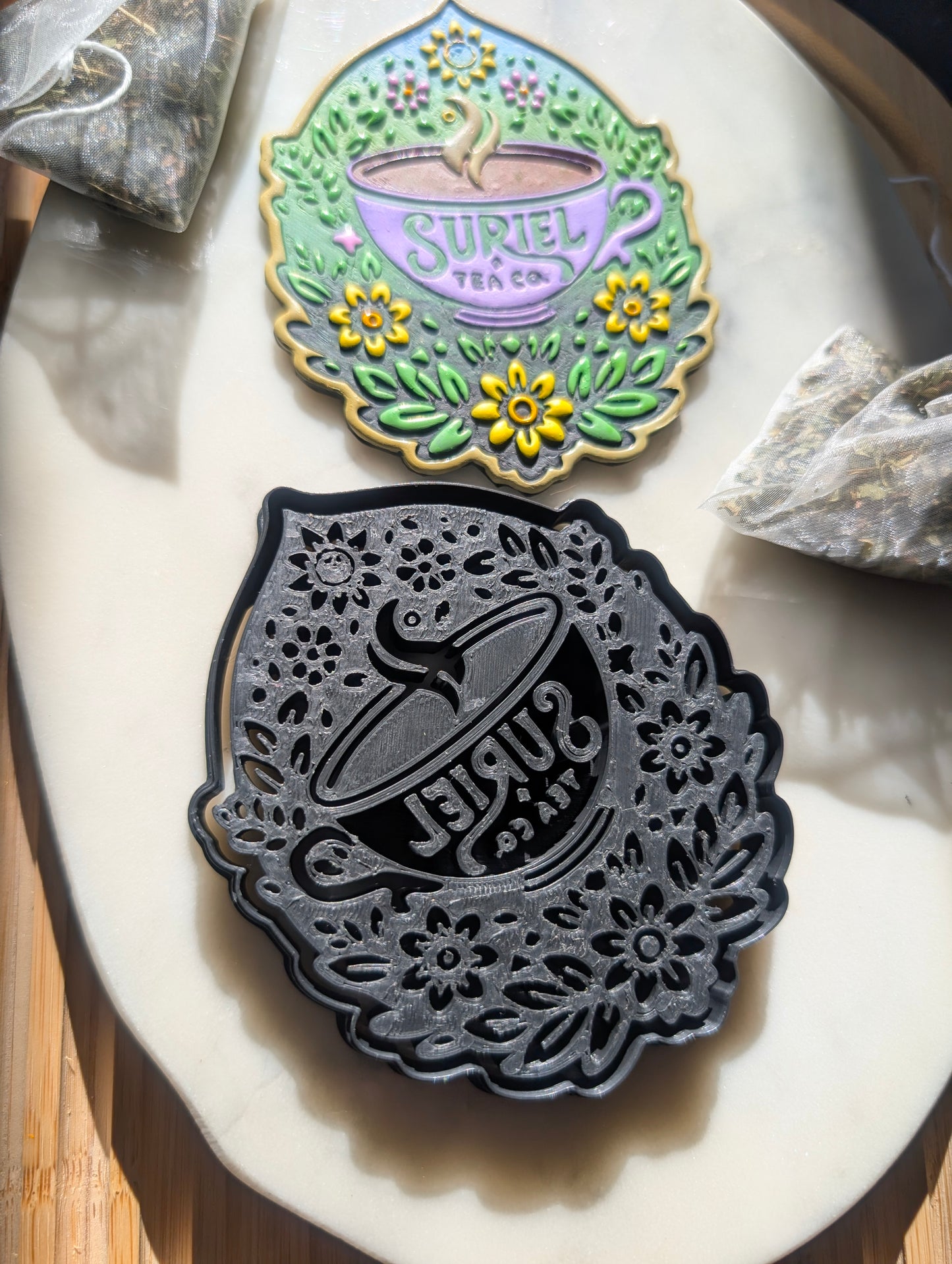 Suriel Tea Co Floral Teacup Badge Wall Hanger Sharp Clay Cutter