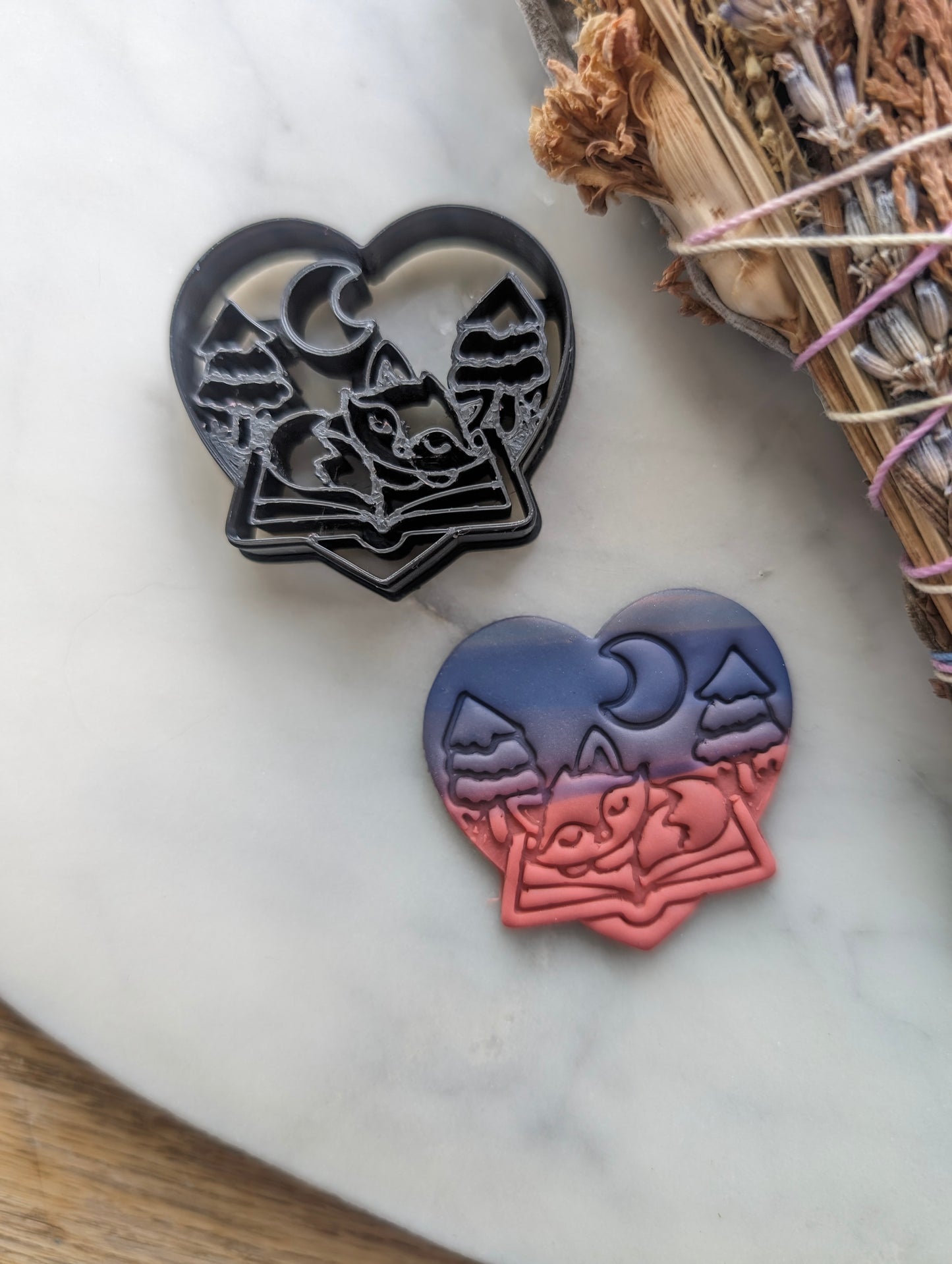Sleeping Fox on Book in Heart Embossed Sharp Clay Cutter