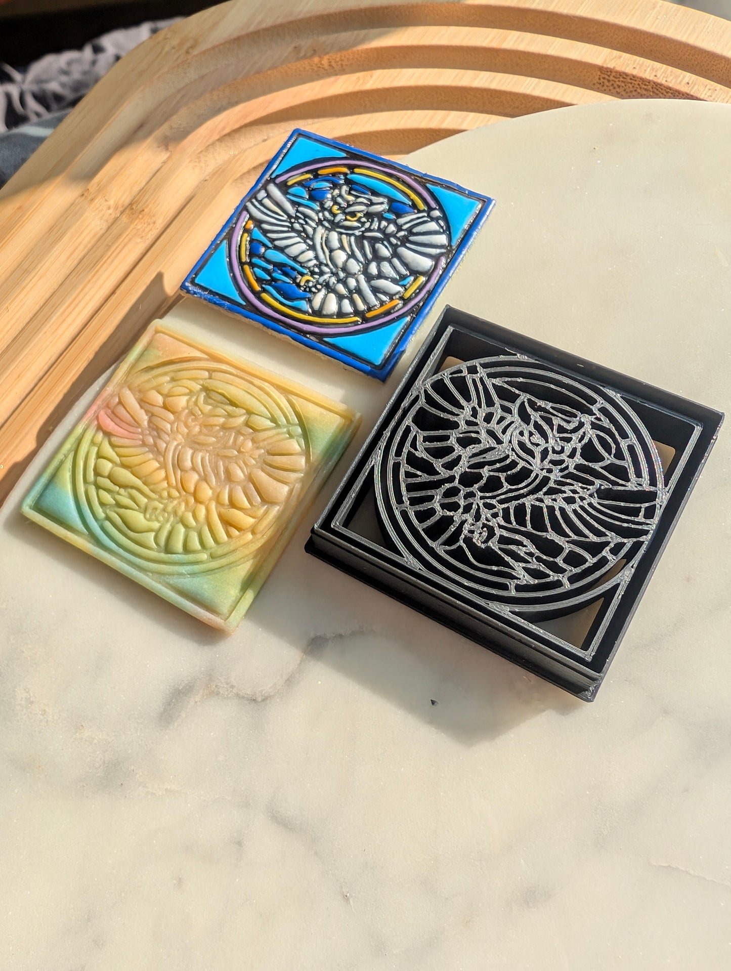 Stained Glass Owl on Square Background Sharp Clay Cutter