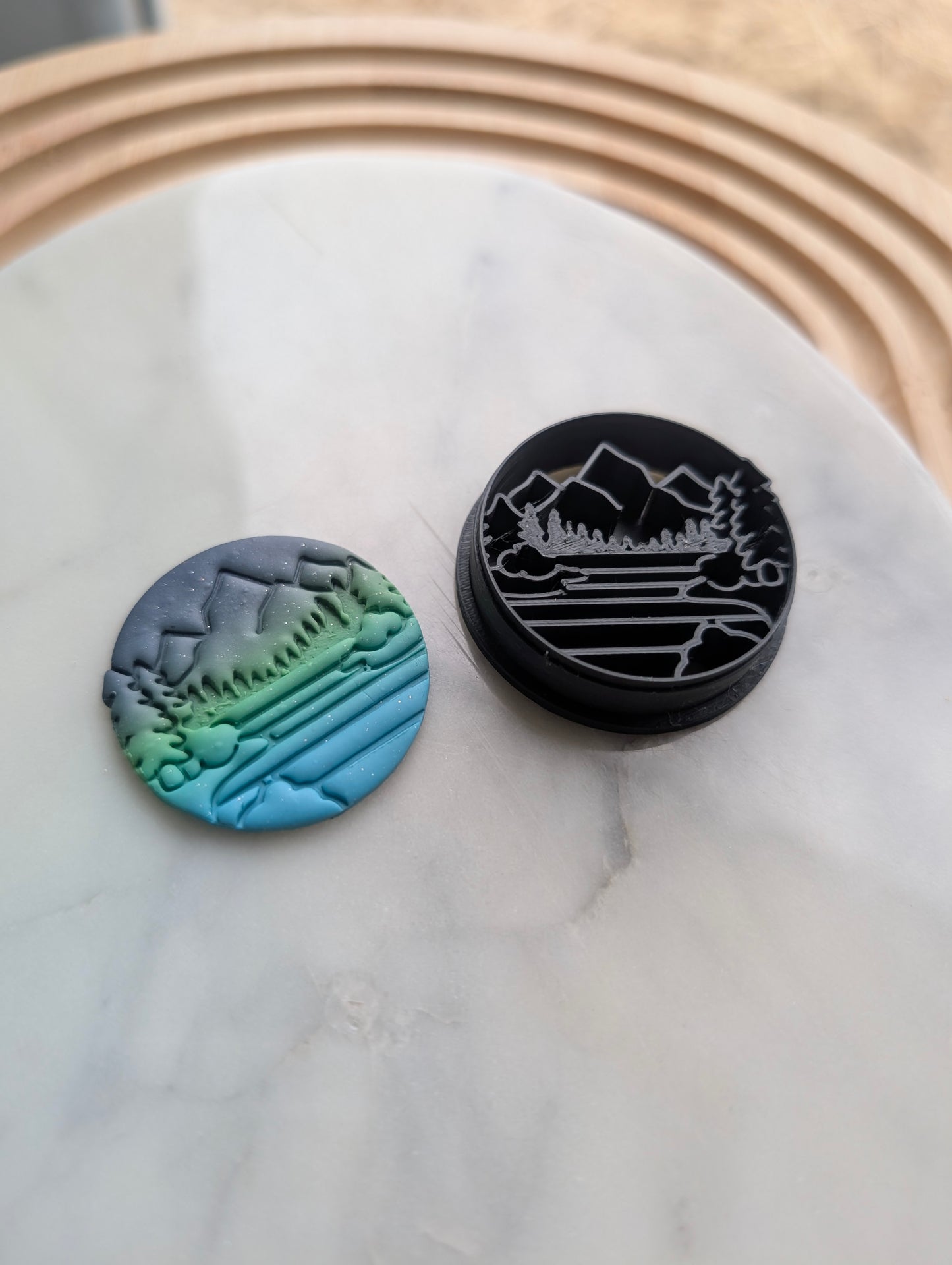 Mountain Scene with Trees and Lake in Circle Embossed Sharp Cutter for Clay and More