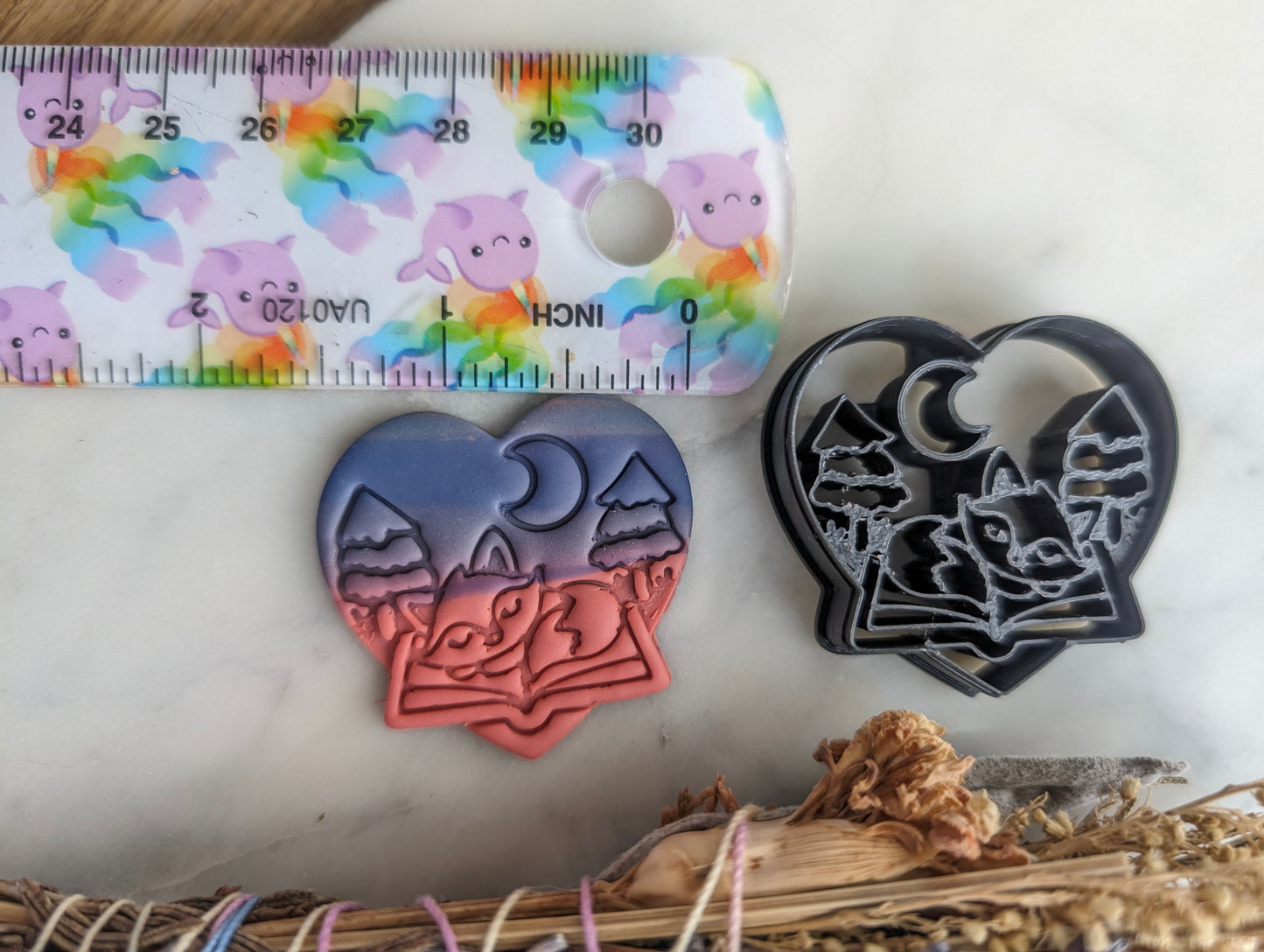 Sleeping Fox on Book in Heart Embossed Sharp Clay Cutter