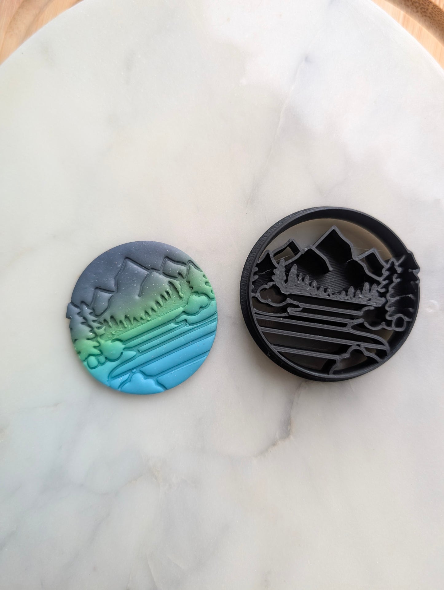 Mountain Scene with Trees and Lake in Circle Embossed Sharp Cutter for Clay and More