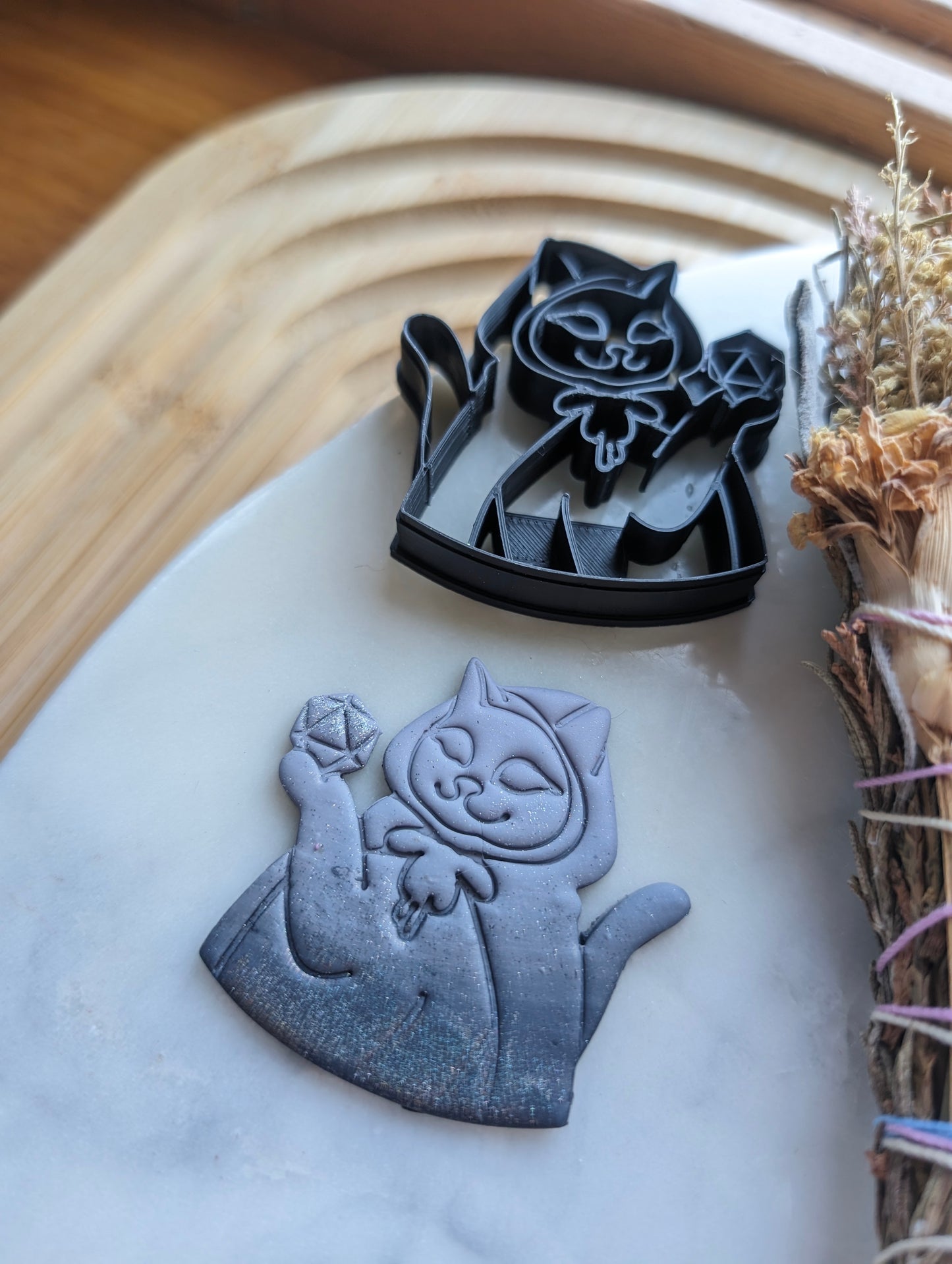 Cat Sorcerer with D20 Dice Sharp Clay Cutter