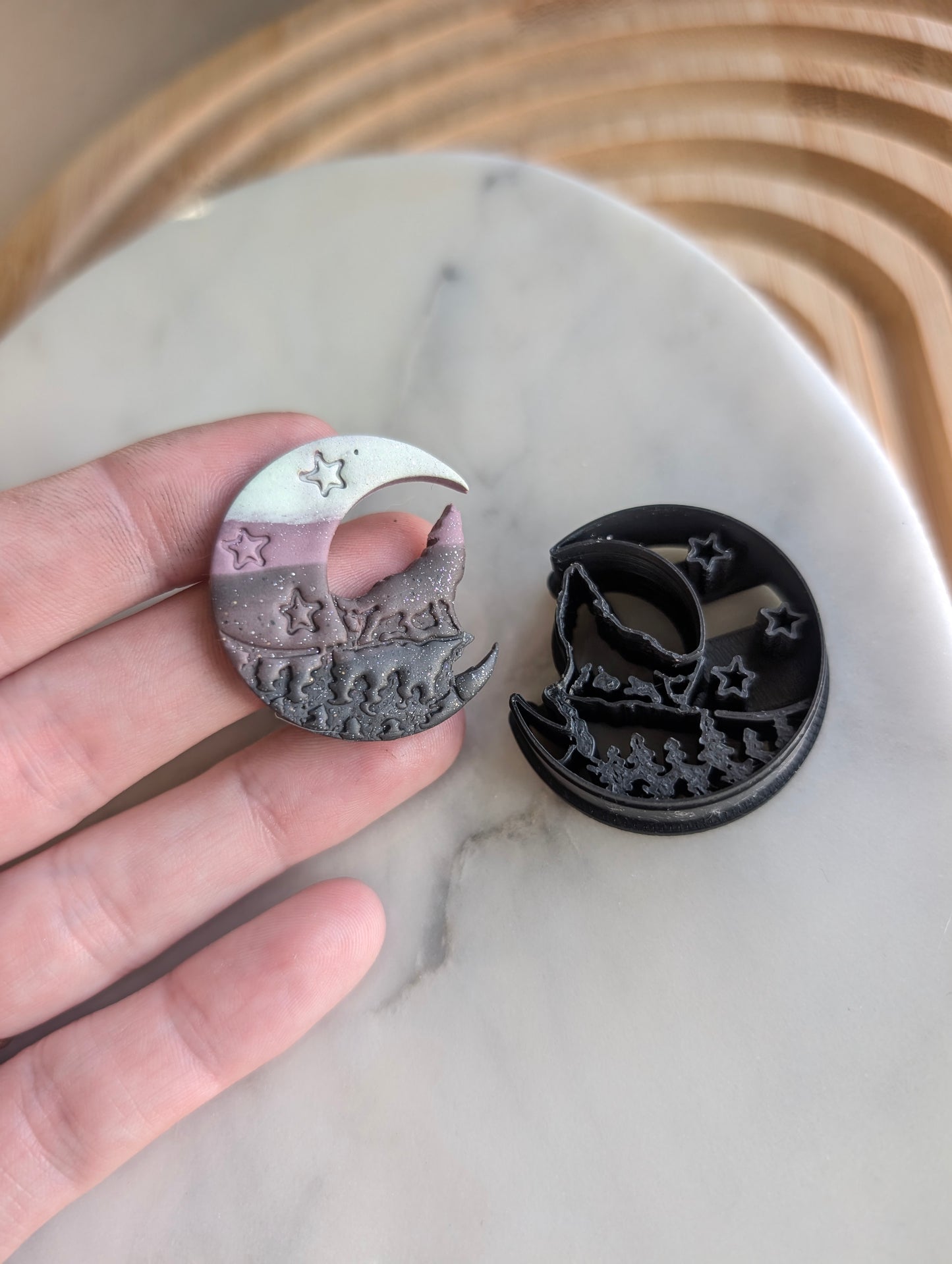 Smaller Wolf on Cliff on Crescent Moon Sharp Clay Cutter