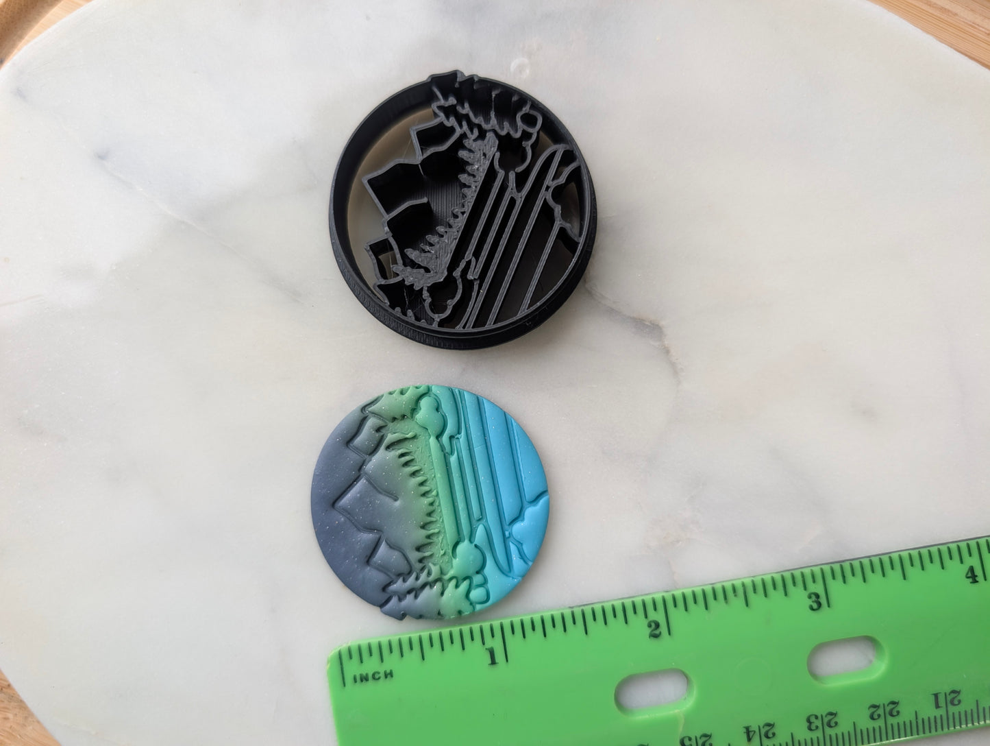 Mountain Scene with Trees and Lake in Circle Embossed Sharp Cutter for Clay and More