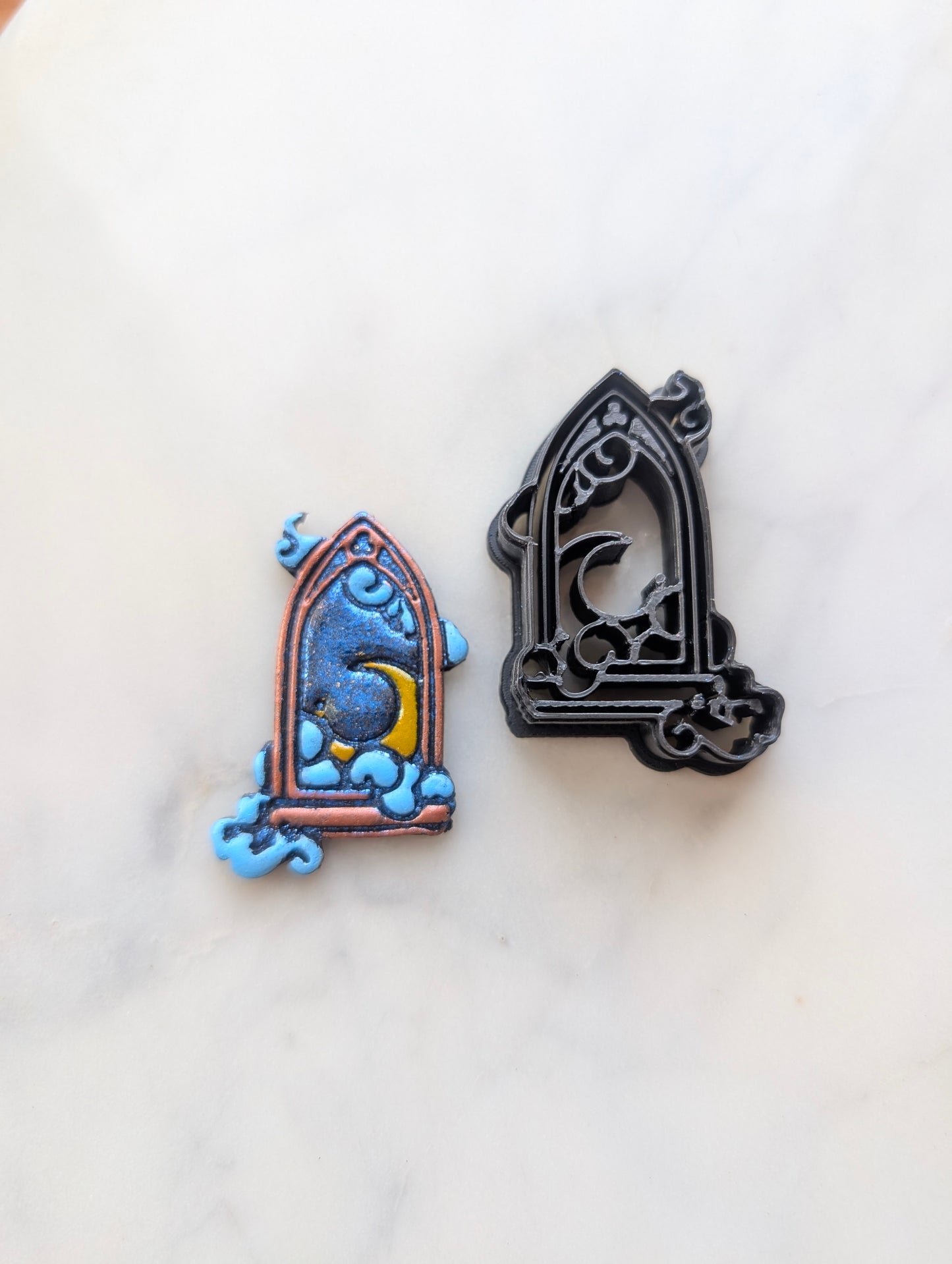 Cathedral Window with Clouds Breaking Frame and Crescent Moon Sharp Clay Cutter