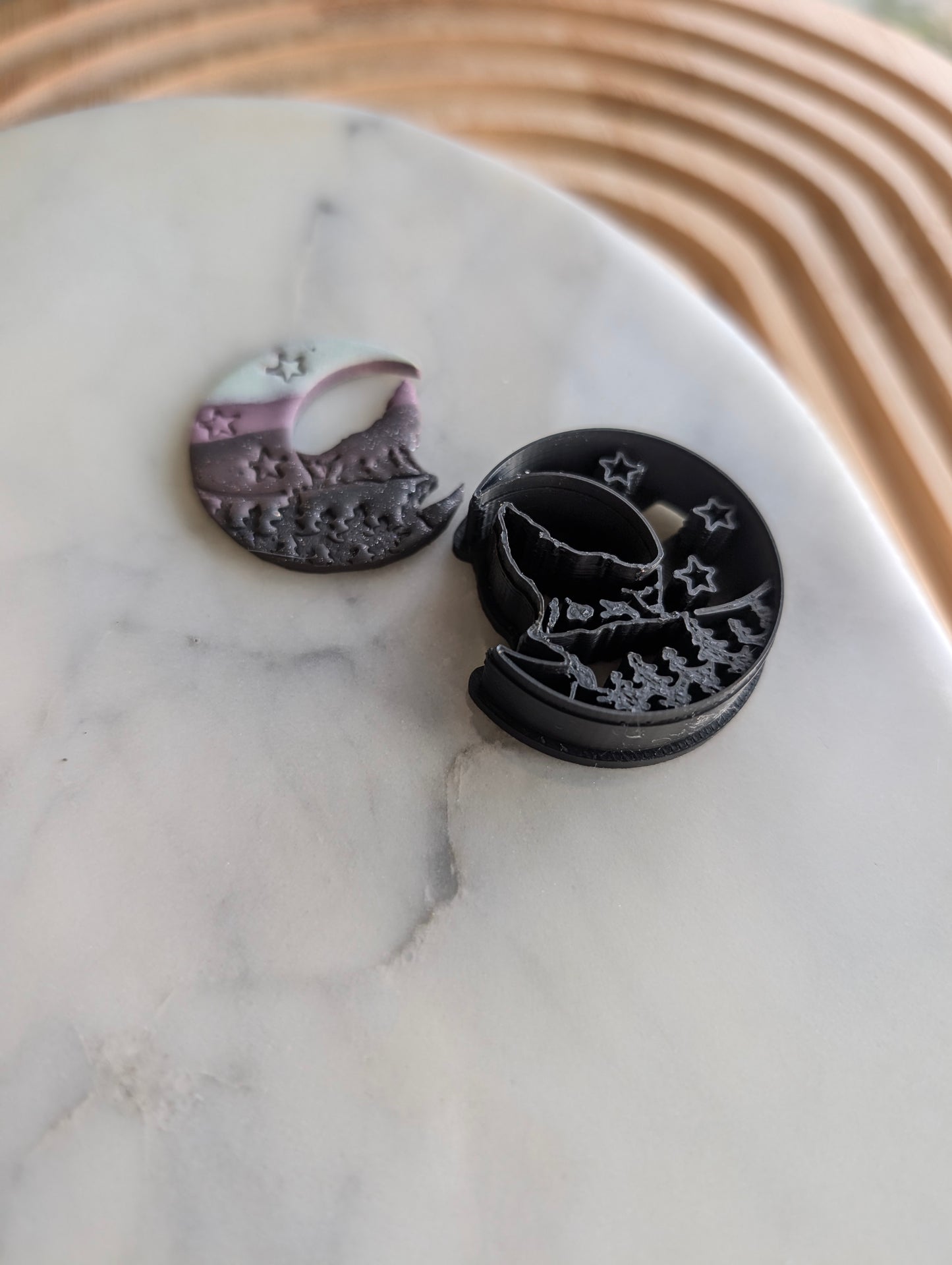 Smaller Wolf on Cliff on Crescent Moon Sharp Clay Cutter