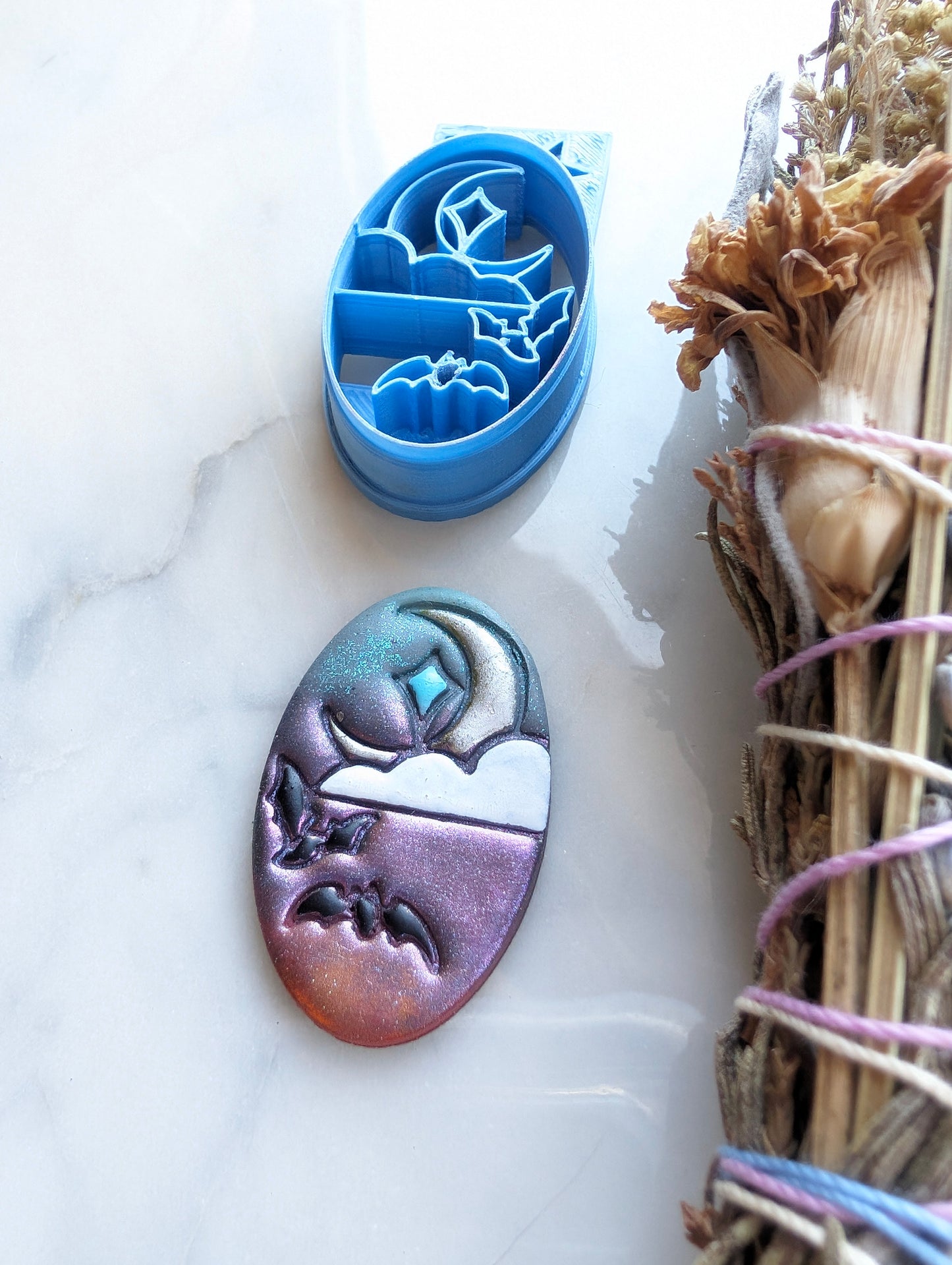 Night Scene with Bats, Crescent Moon, and Cloud Sharp Clay Cutter