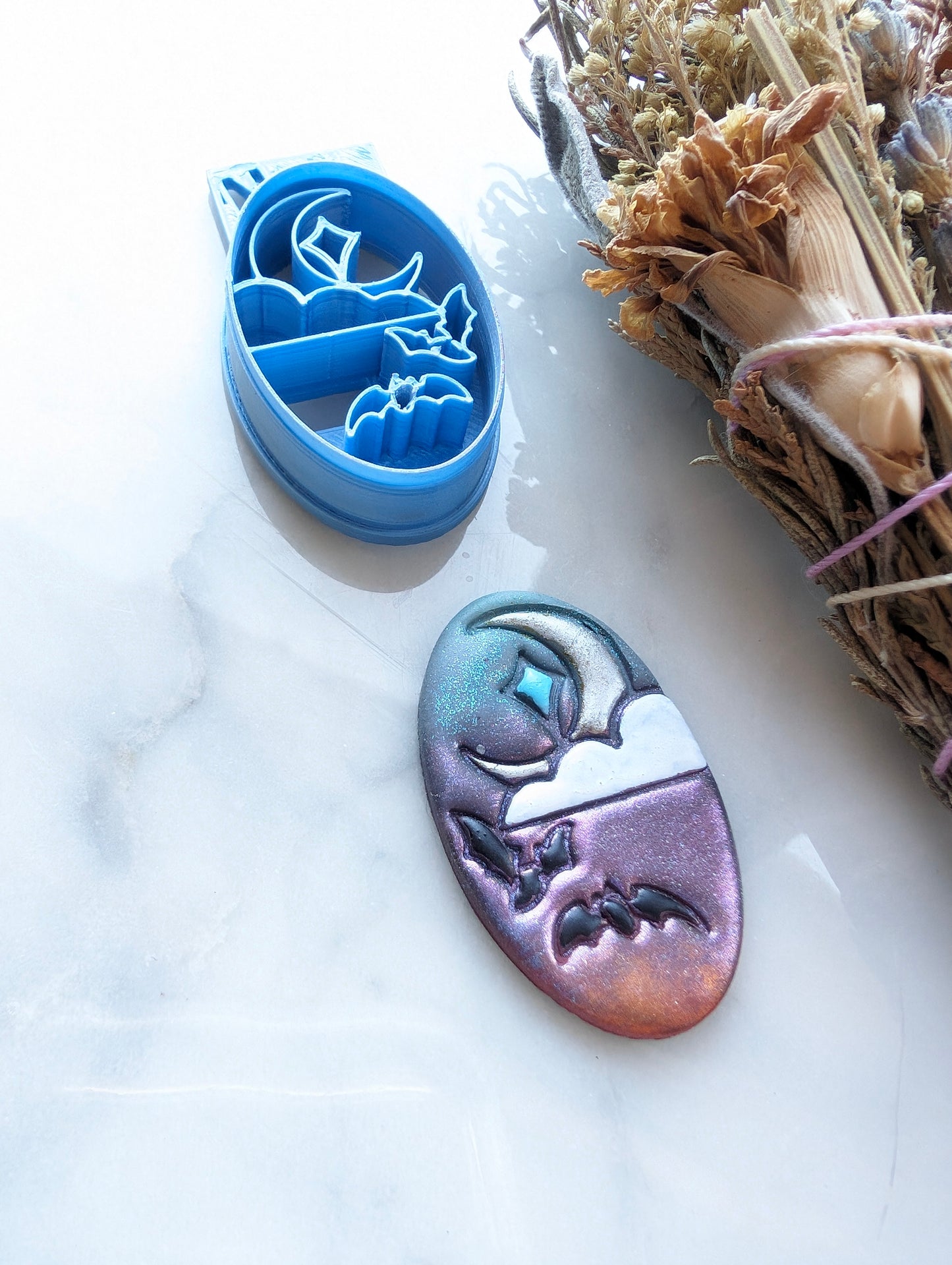 Night Scene with Bats, Crescent Moon, and Cloud Sharp Clay Cutter