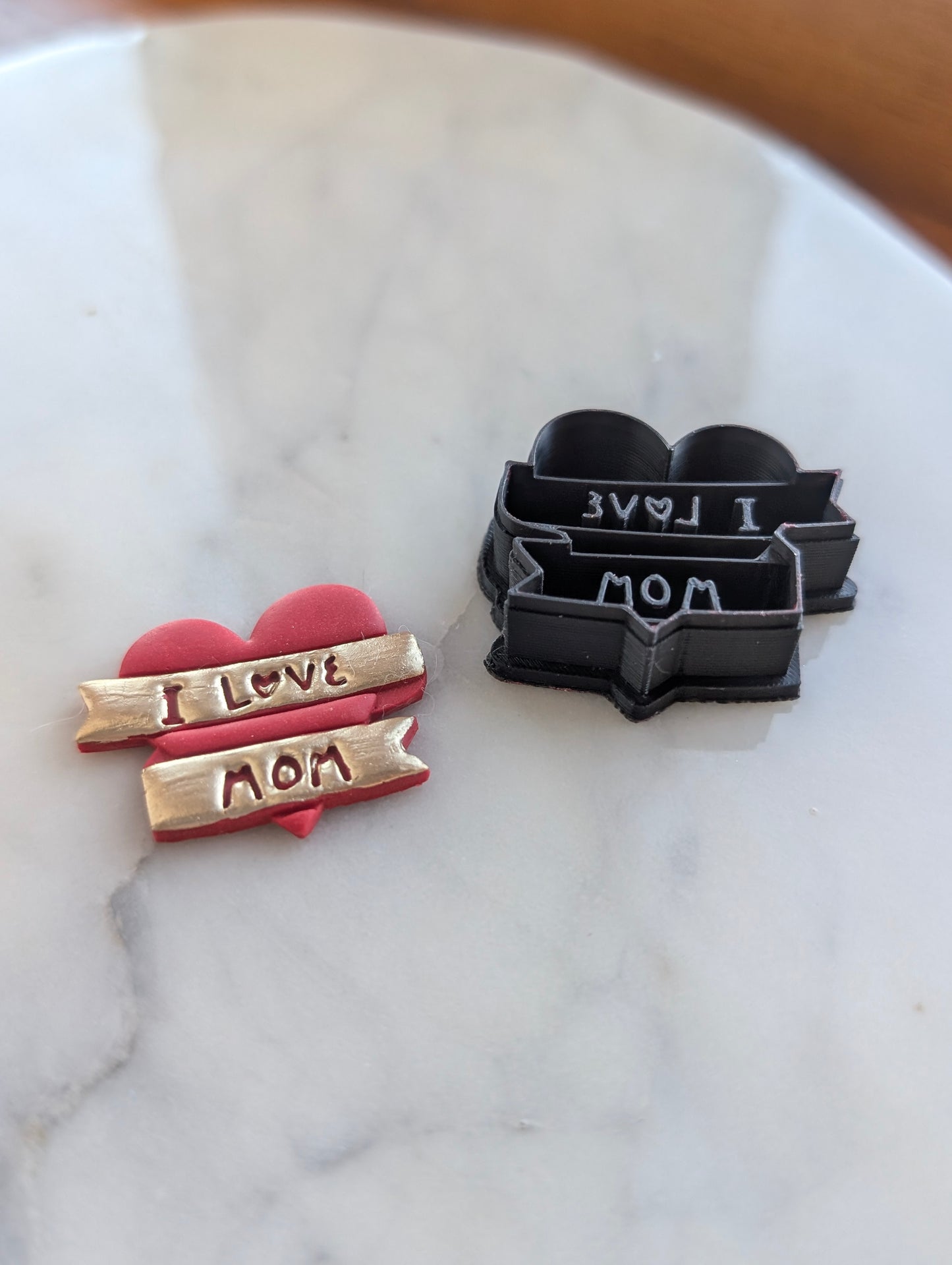 I Love Mom Banner on Heart Sharp Clay Cutter