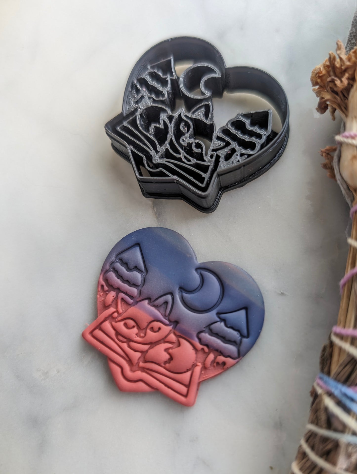 Sleeping Fox on Book in Heart Embossed Sharp Clay Cutter