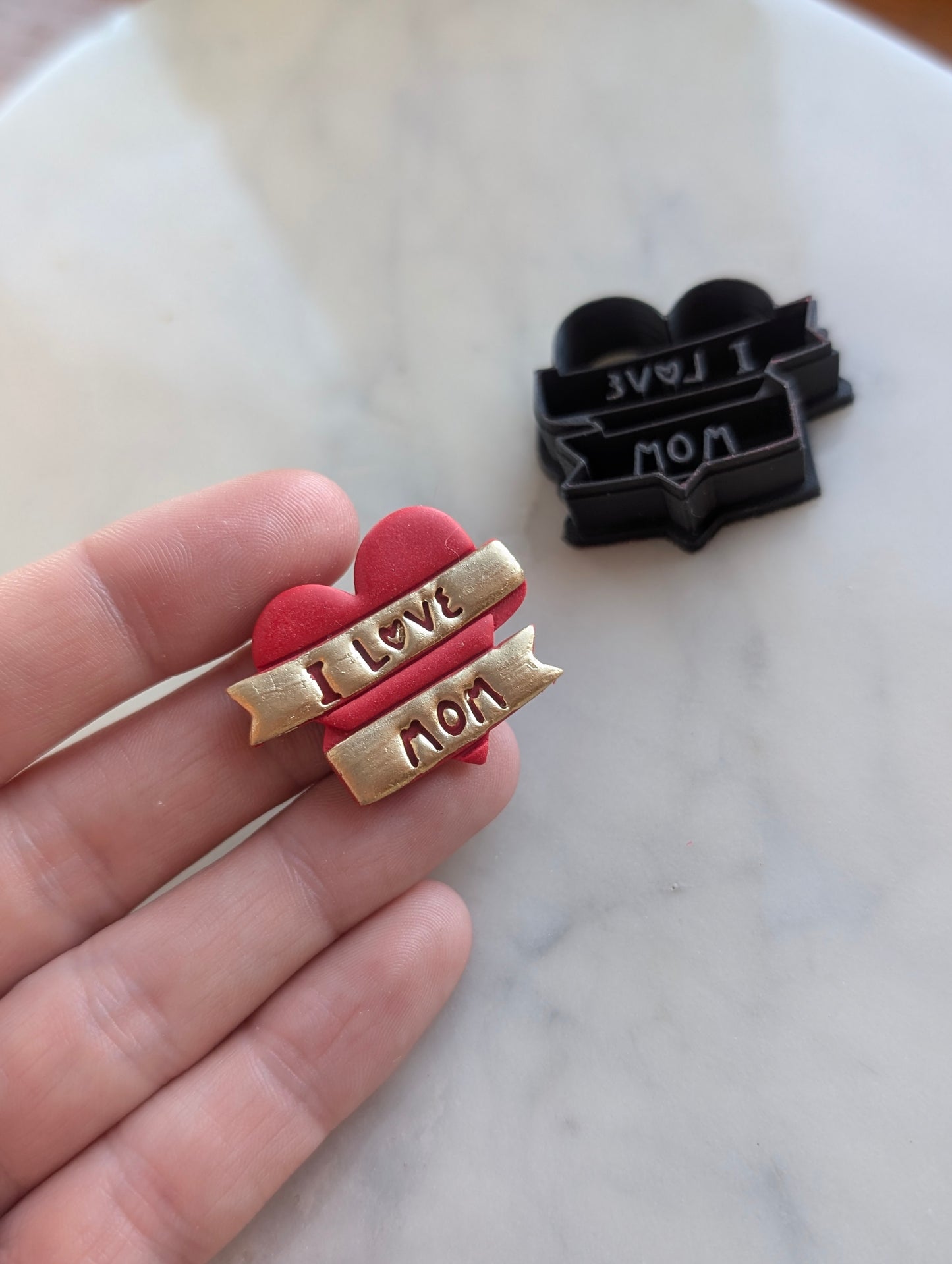 I Love Mom Banner on Heart Sharp Clay Cutter