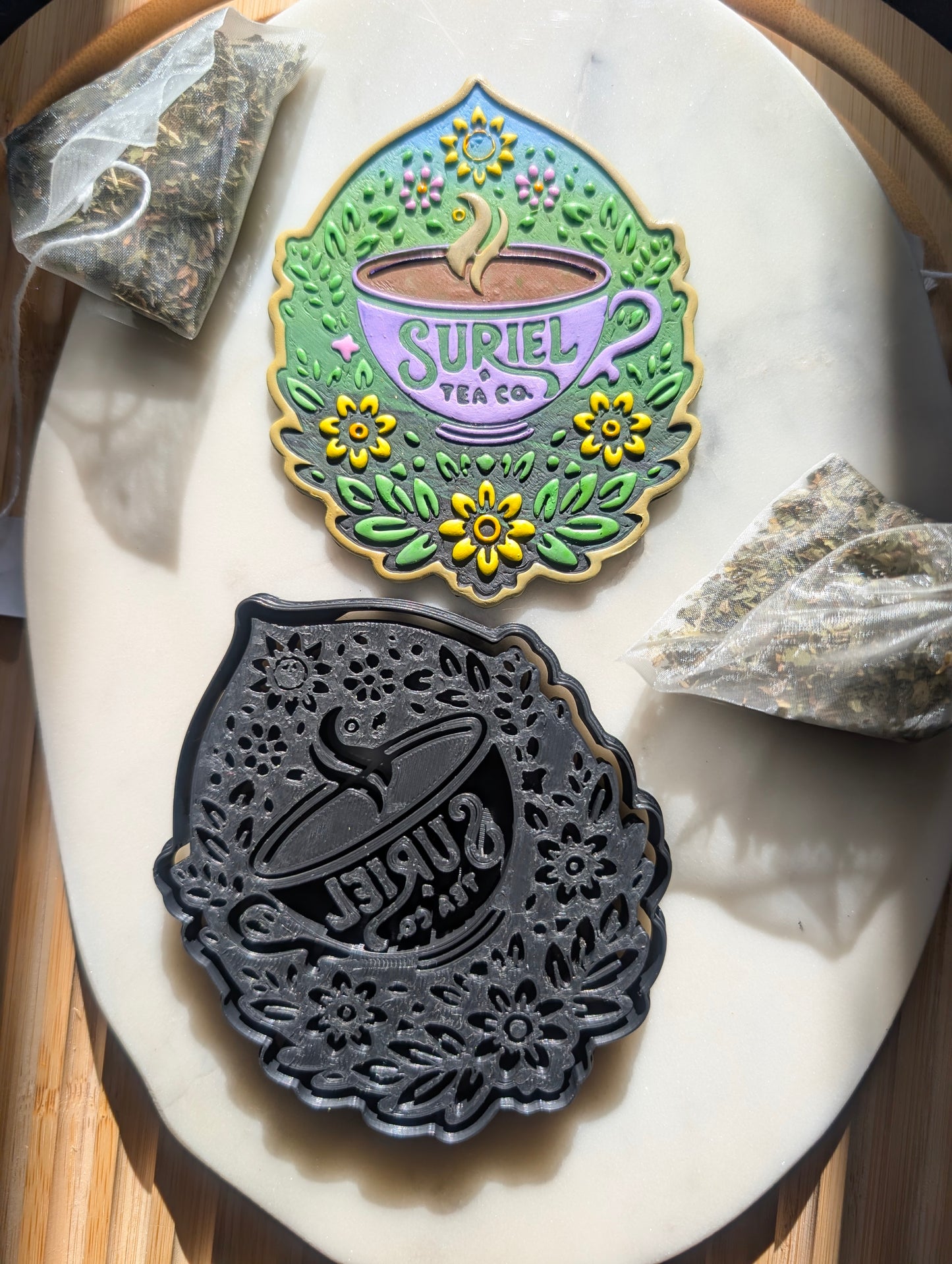 Suriel Tea Co Floral Teacup Badge Wall Hanger Sharp Clay Cutter