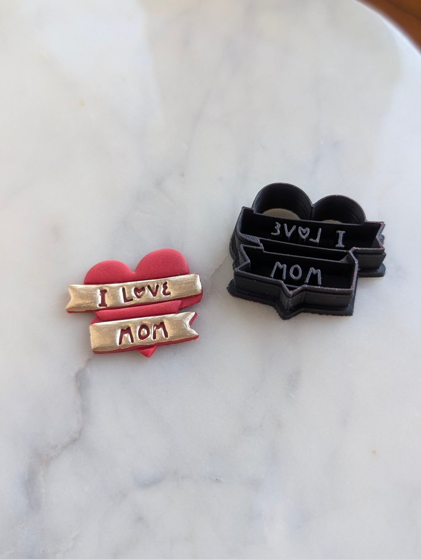 I Love Mom Banner on Heart Sharp Clay Cutter