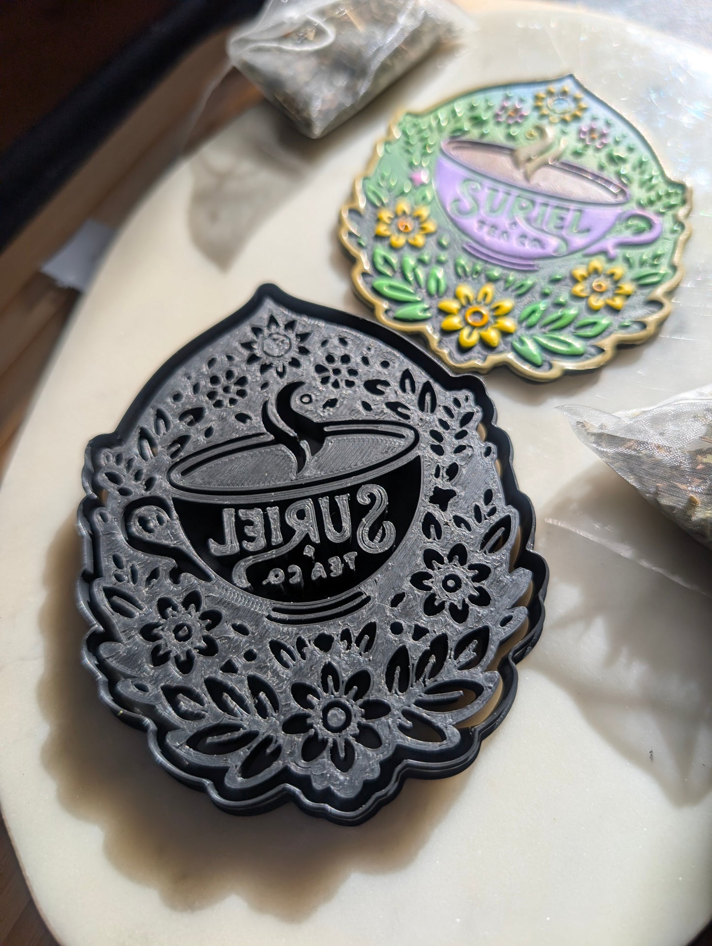 Suriel Tea Co Floral Teacup Badge Wall Hanger Sharp Clay Cutter