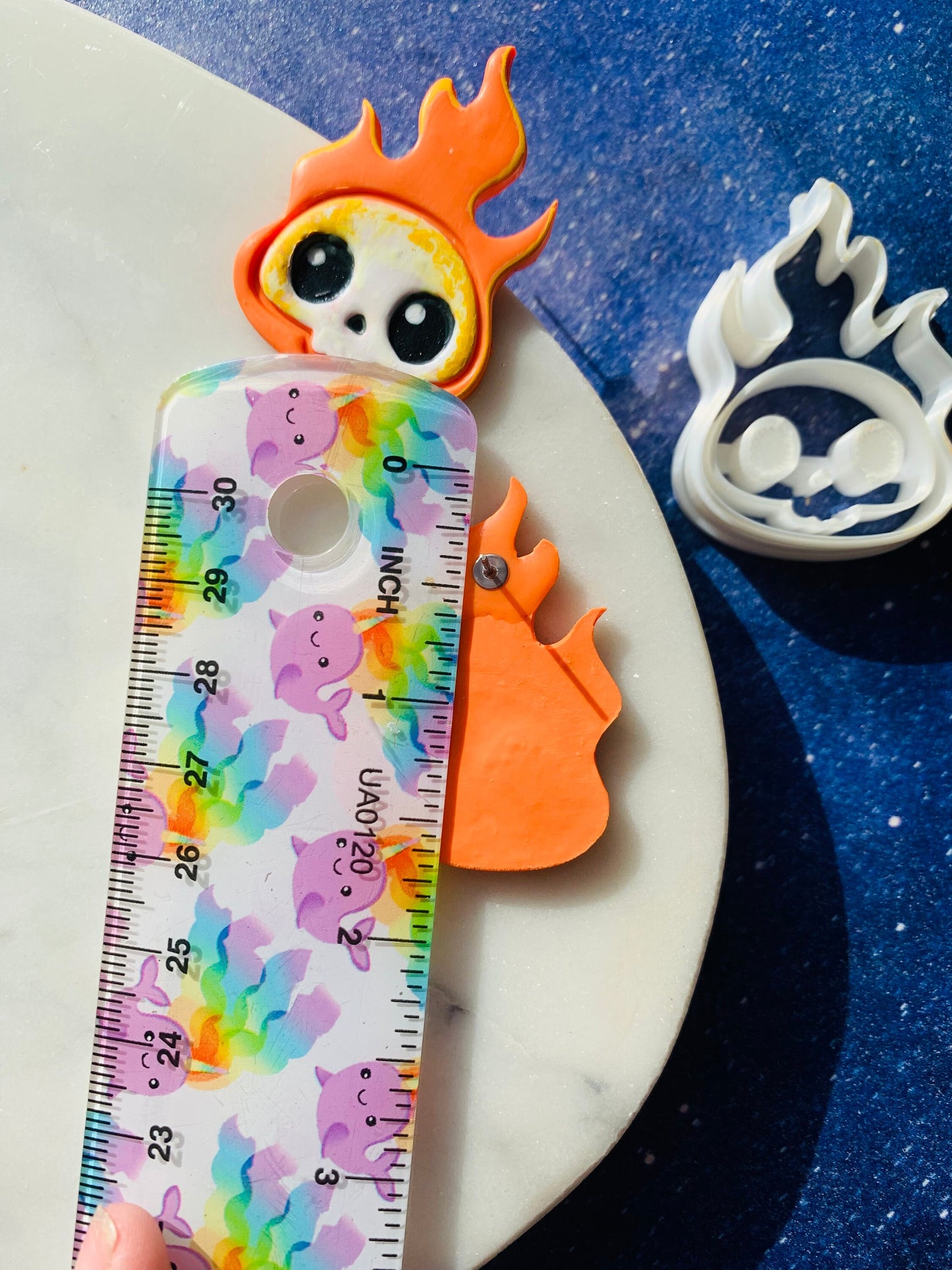 Large Chibi Skull in Ball of Fire - Embossed Sharp Clay Cutter