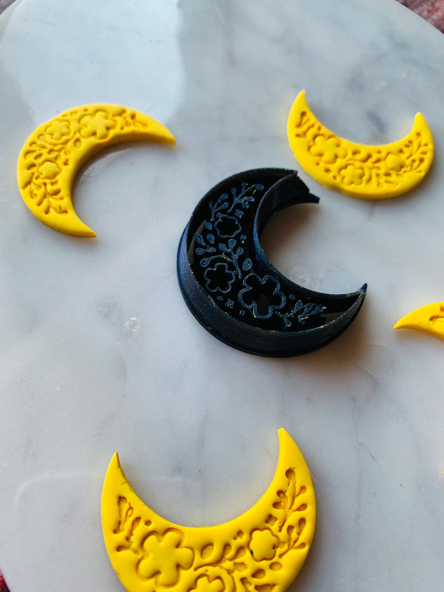 Crescent Moon with Floral Print - Sharp Polymer Clay Cutter with Detailed Lines