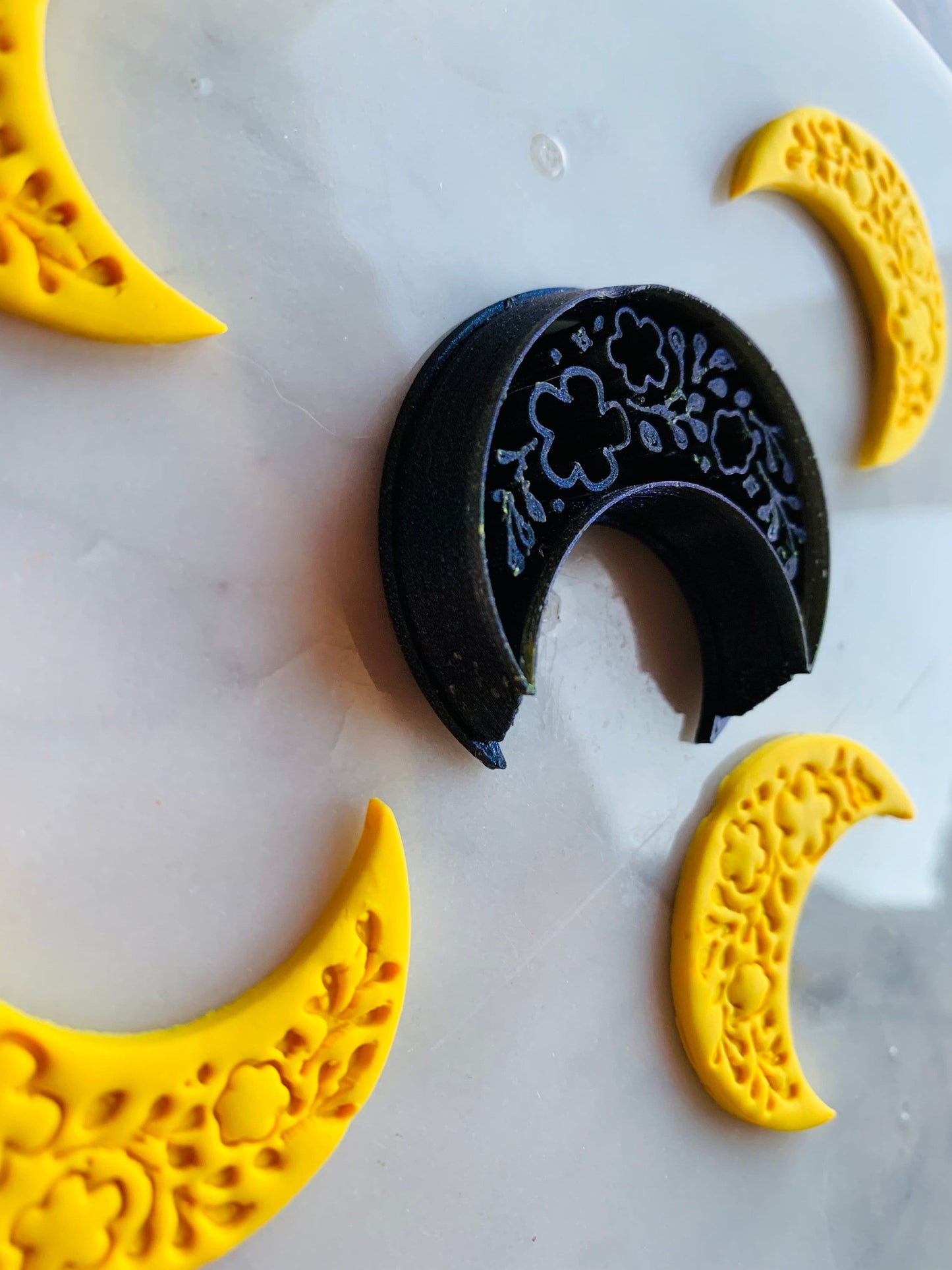 Crescent Moon with Floral Print - Sharp Polymer Clay Cutter with Detailed Lines