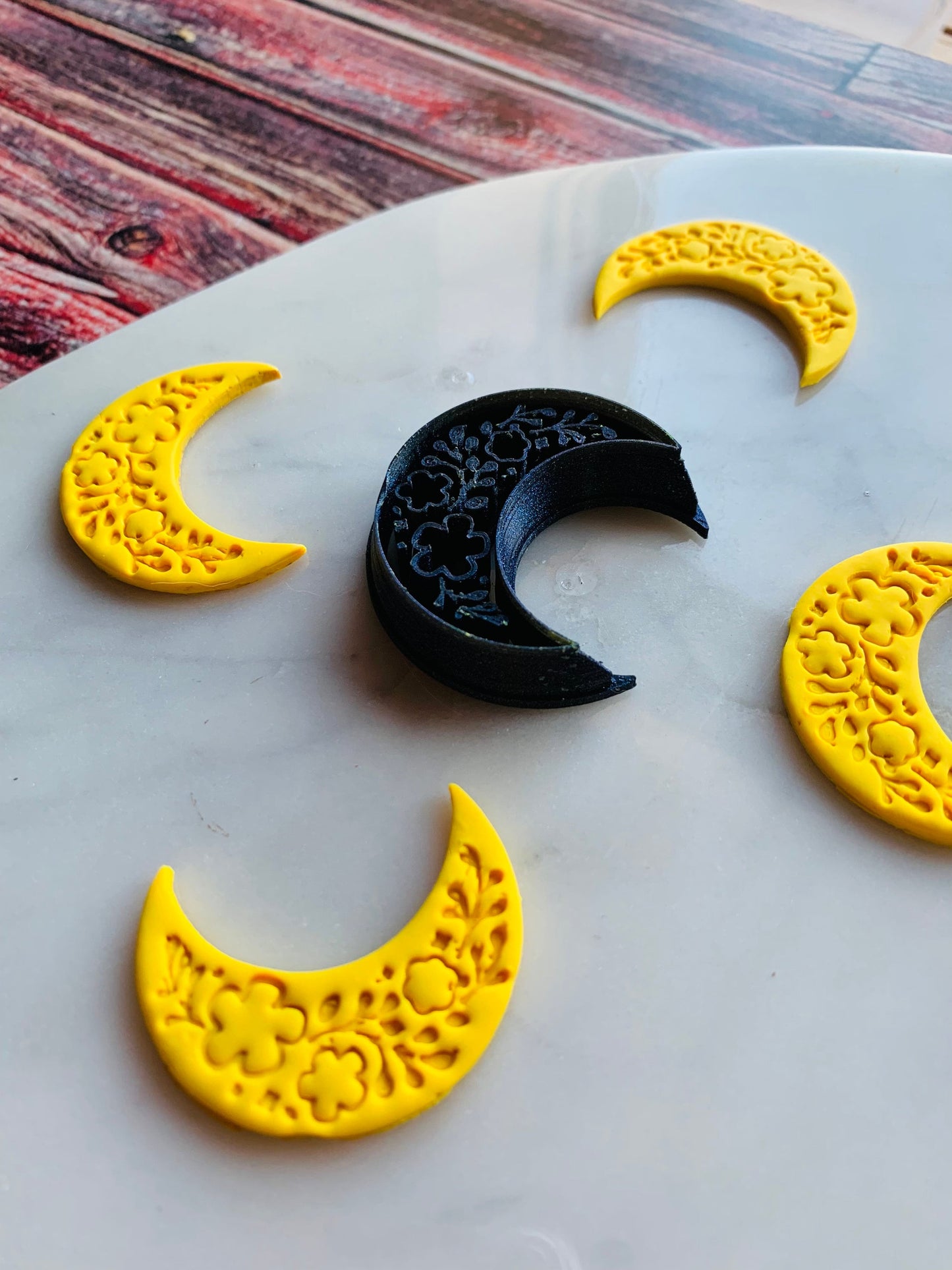 Crescent Moon with Floral Print - Sharp Polymer Clay Cutter with Detailed Lines