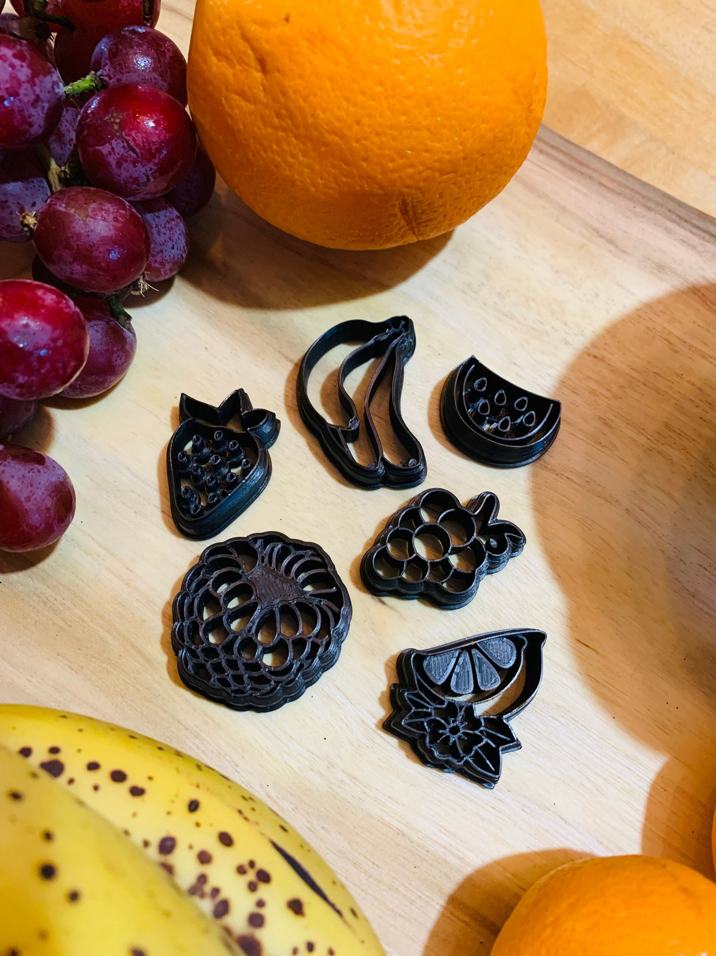 Fruit Set of 6- Strawberry, Watermelon, Bunch of Grapes, Banana, Lemon, and Raspberry Sharp Clay Cutters