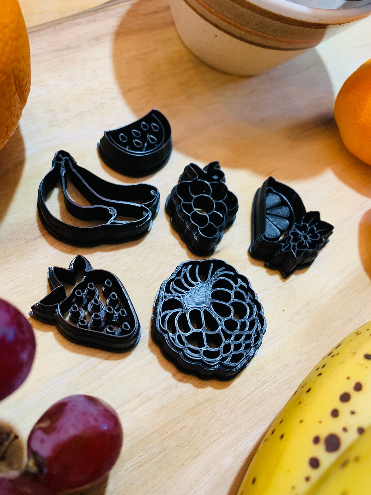 Fruit Set of 6- Strawberry, Watermelon, Bunch of Grapes, Banana, Lemon, and Raspberry Sharp Clay Cutters