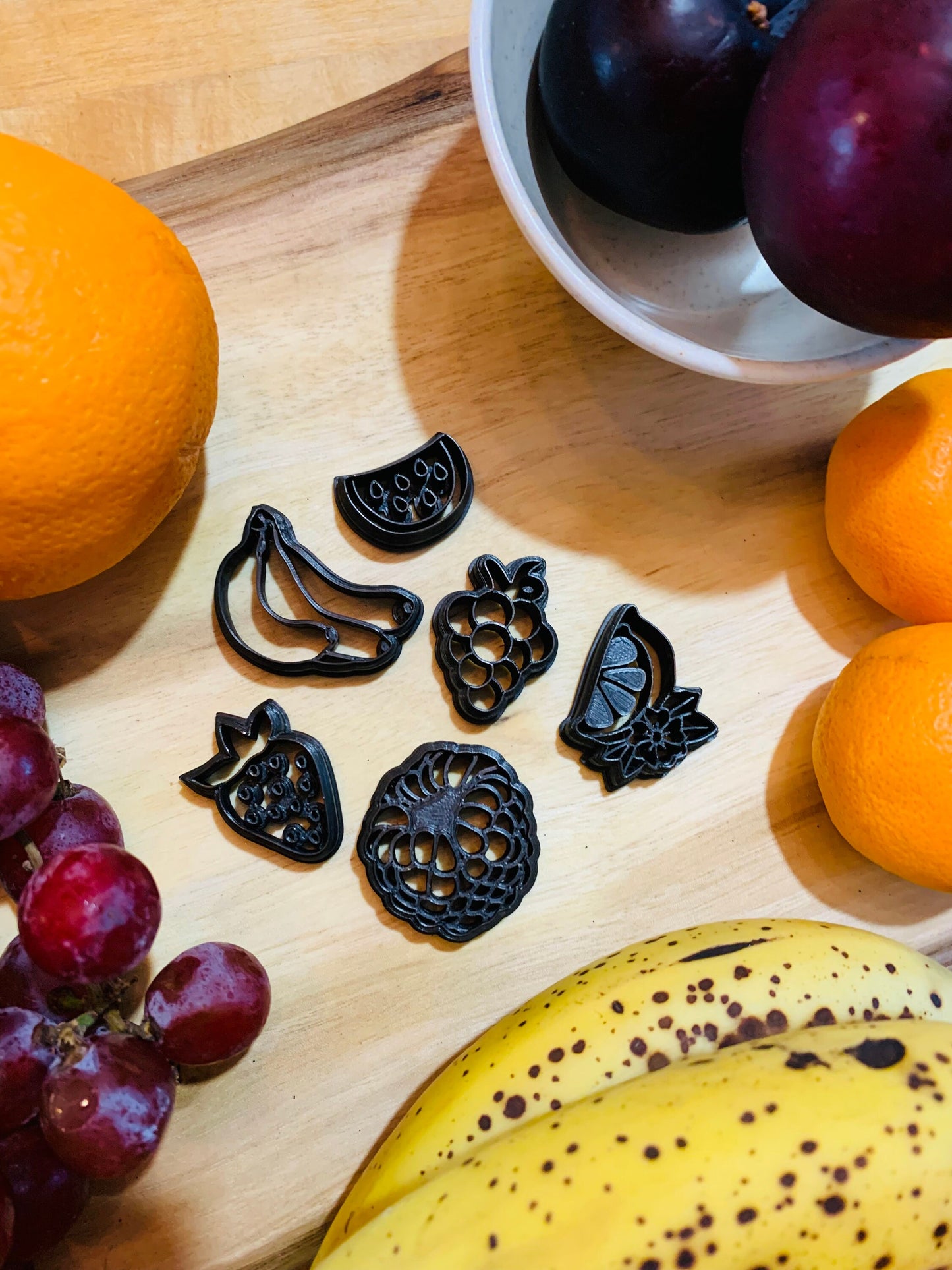 Fruit Set of 6- Strawberry, Watermelon, Bunch of Grapes, Banana, Lemon, and Raspberry Sharp Clay Cutters