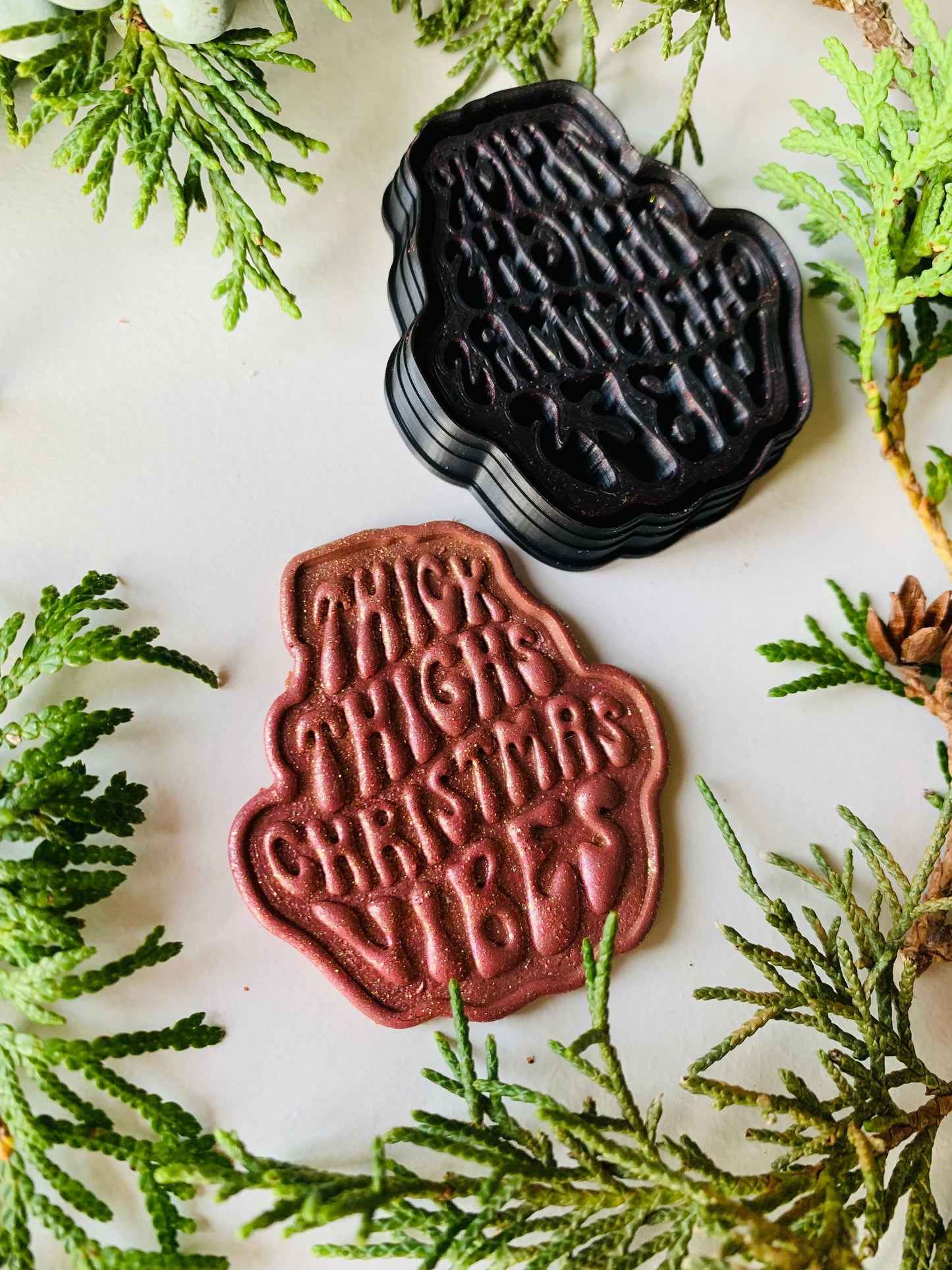 Thick Thighs Christmas Vibes Stylized Text Embossed Sharp Clay Cutter