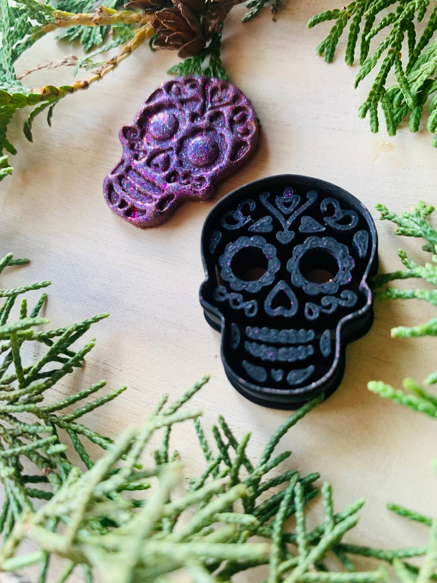 Detailed Heart and Flower Sugar Skull Embossed Sharp Clay Cutter