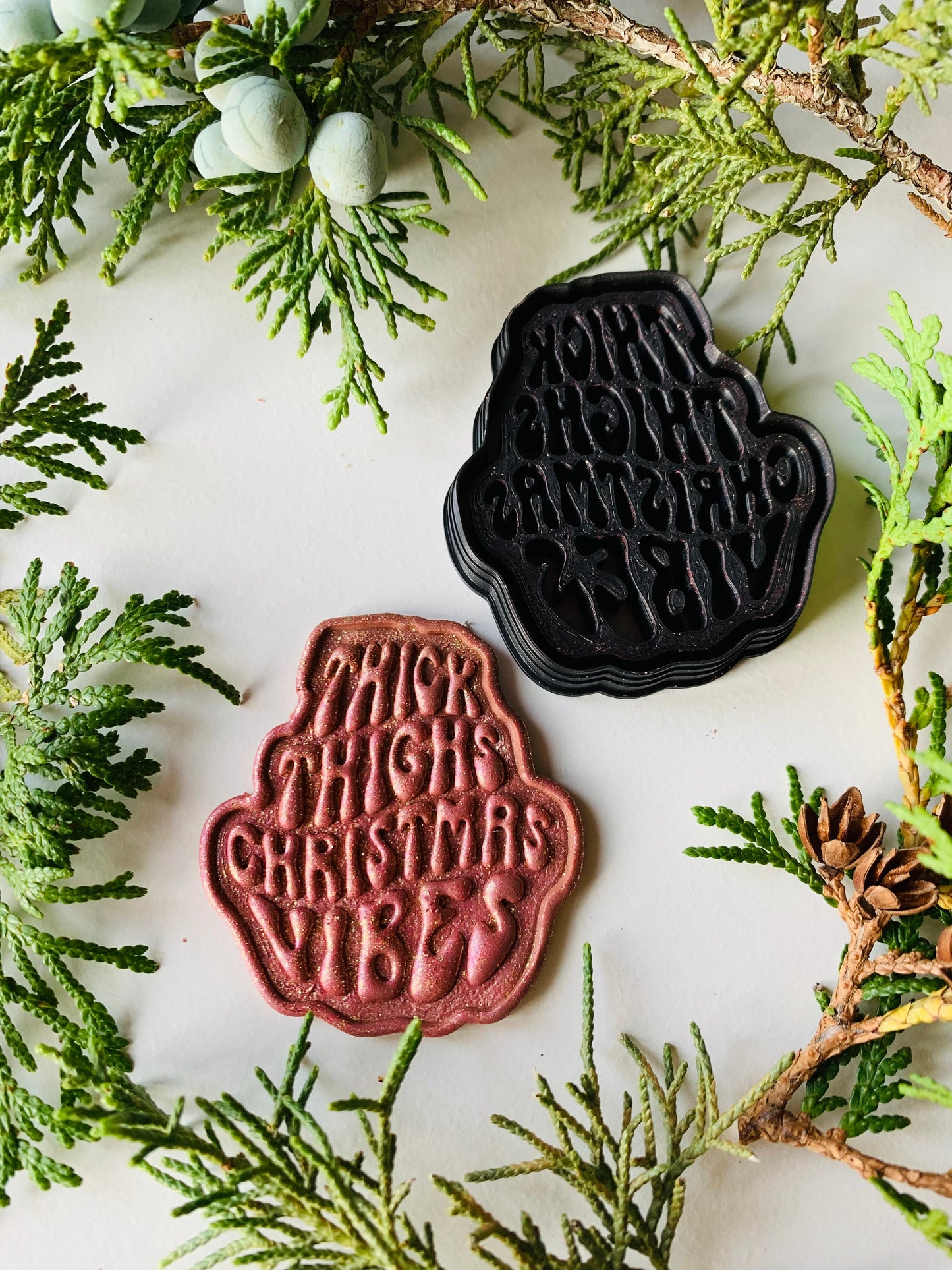 Thick Thighs Christmas Vibes Stylized Text Embossed Sharp Clay Cutter