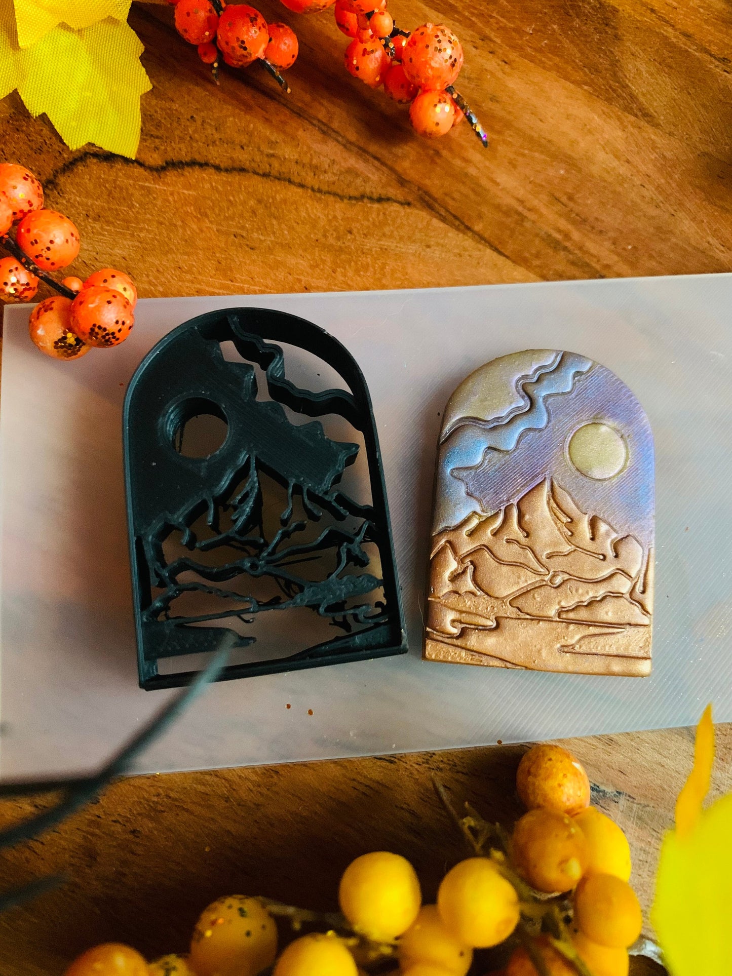 Cloudy Full Moon and Mountain Peak Embossed Sharp Cutter for Clay and More