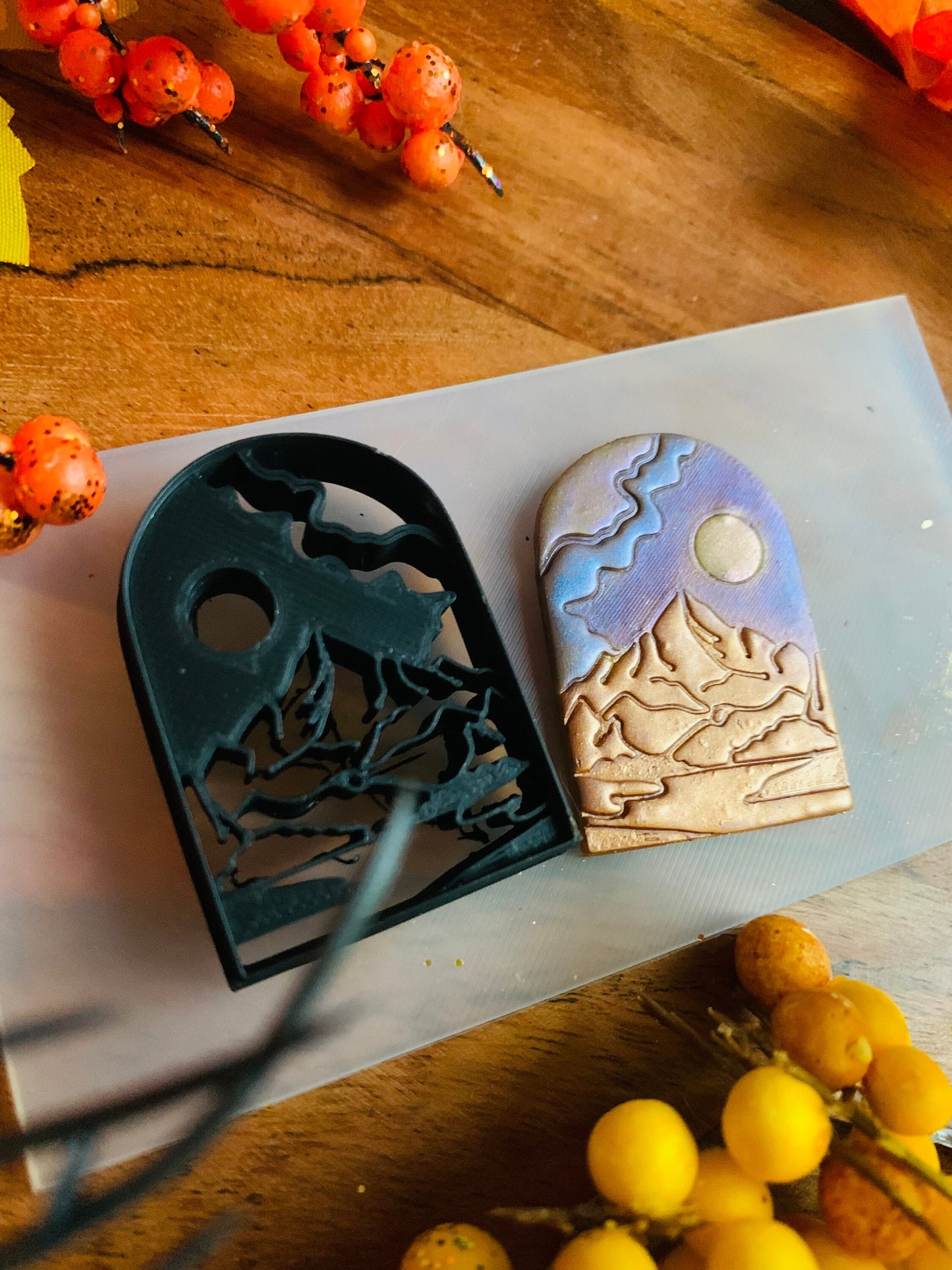Cloudy Full Moon and Mountain Peak Embossed Sharp Cutter for Clay and More