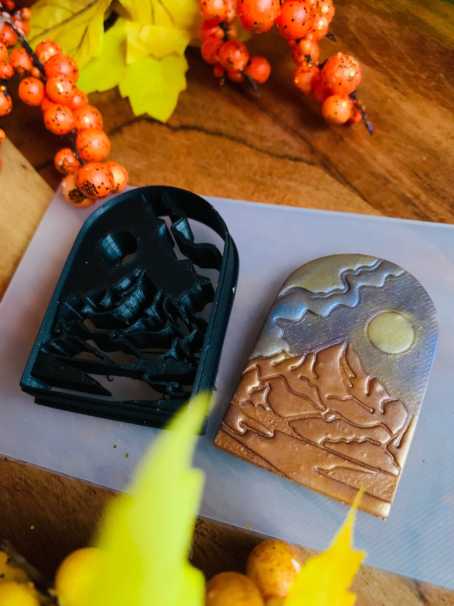 Cloudy Full Moon and Mountain Peak Embossed Sharp Cutter for Clay and More