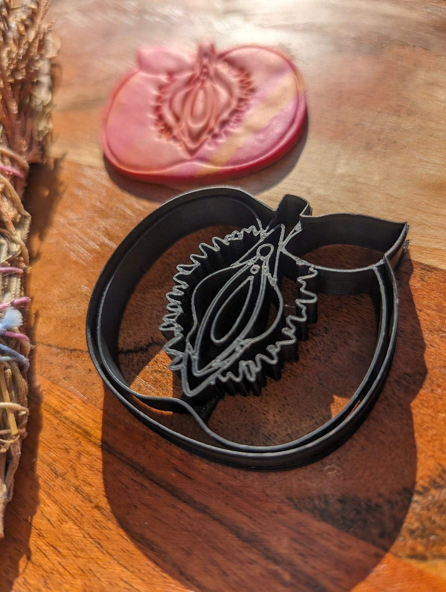 Peach Half with Lady Bits Pit Sharp Cutter for Clay