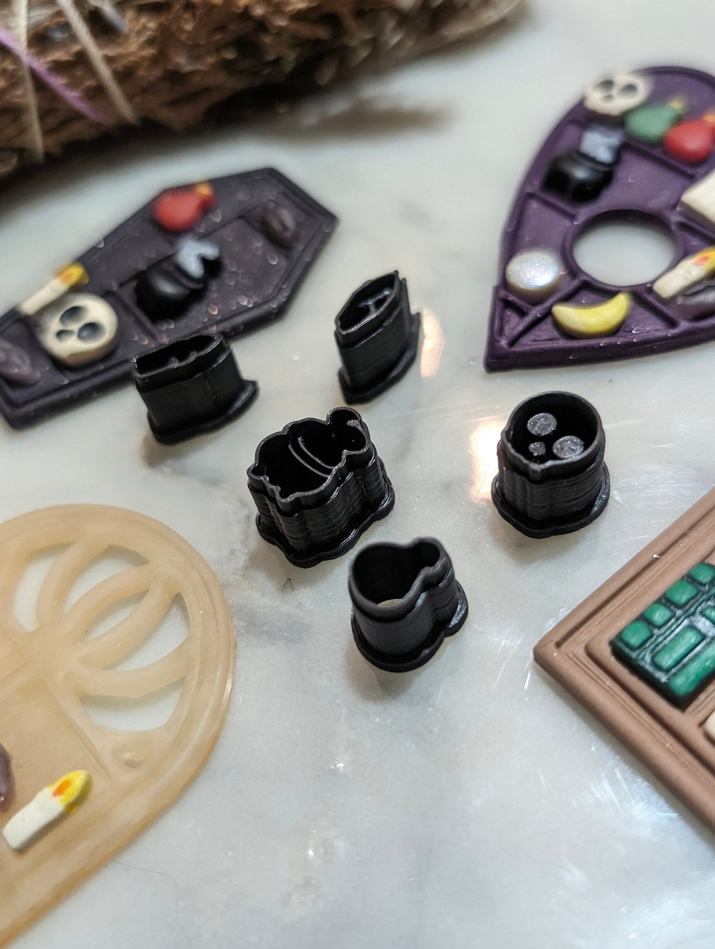 Set of 5 Micro Shelf and Window Sized Sharp Clay Cutters Including a Crystal, Cauldron, Skull, Candle, and Potion Bottle