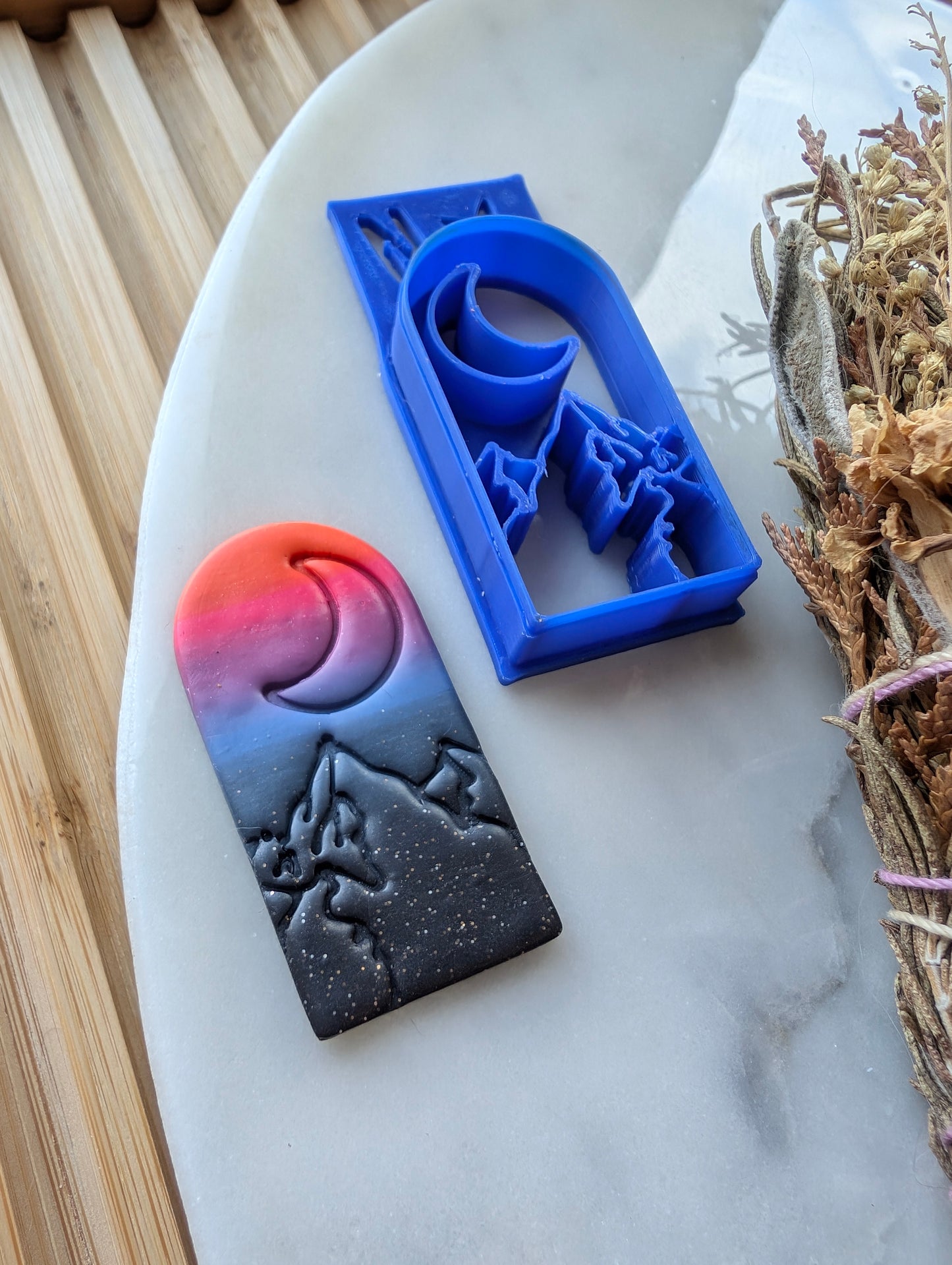 Crescent Moon Over Mountains in Arched Dome Sharp Clay Cutter