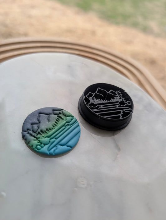 Mountain Scene with Trees and Lake in Circle Embossed Sharp Cutter for Clay and More