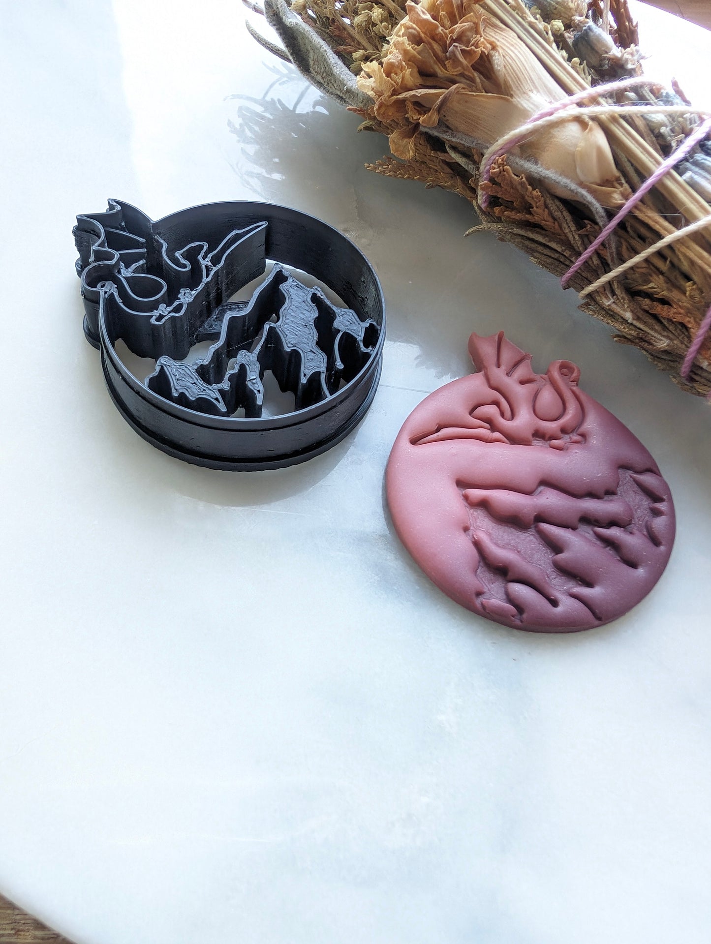 Dragon Flying Over Mountains in Circle Embossed Sharp Clay Cutter