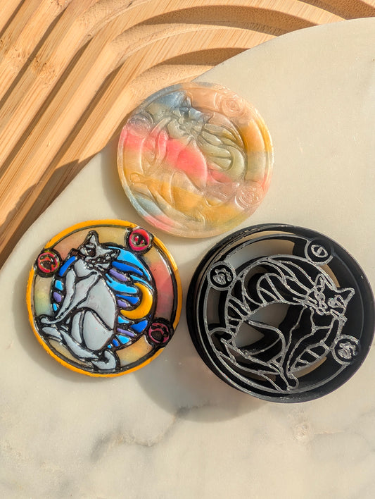 Stained Glass Cat and Crescent Moon Sharp Clay Cutter