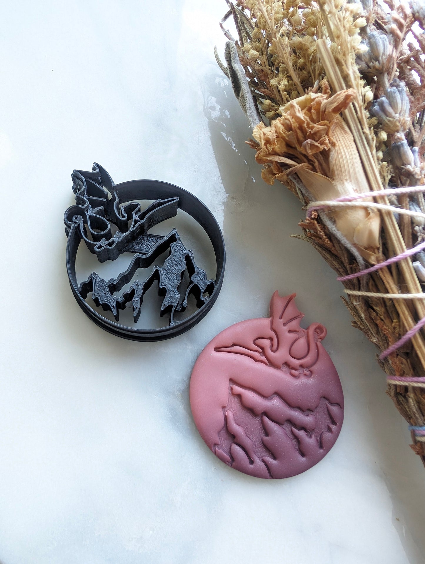 Dragon Flying Over Mountains in Circle Embossed Sharp Clay Cutter