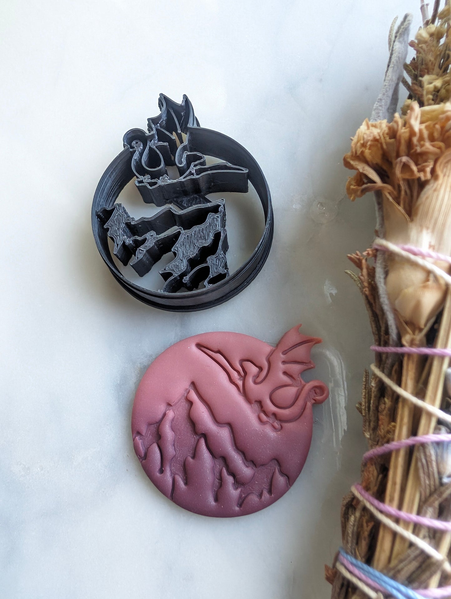 Dragon Flying Over Mountains in Circle Embossed Sharp Clay Cutter