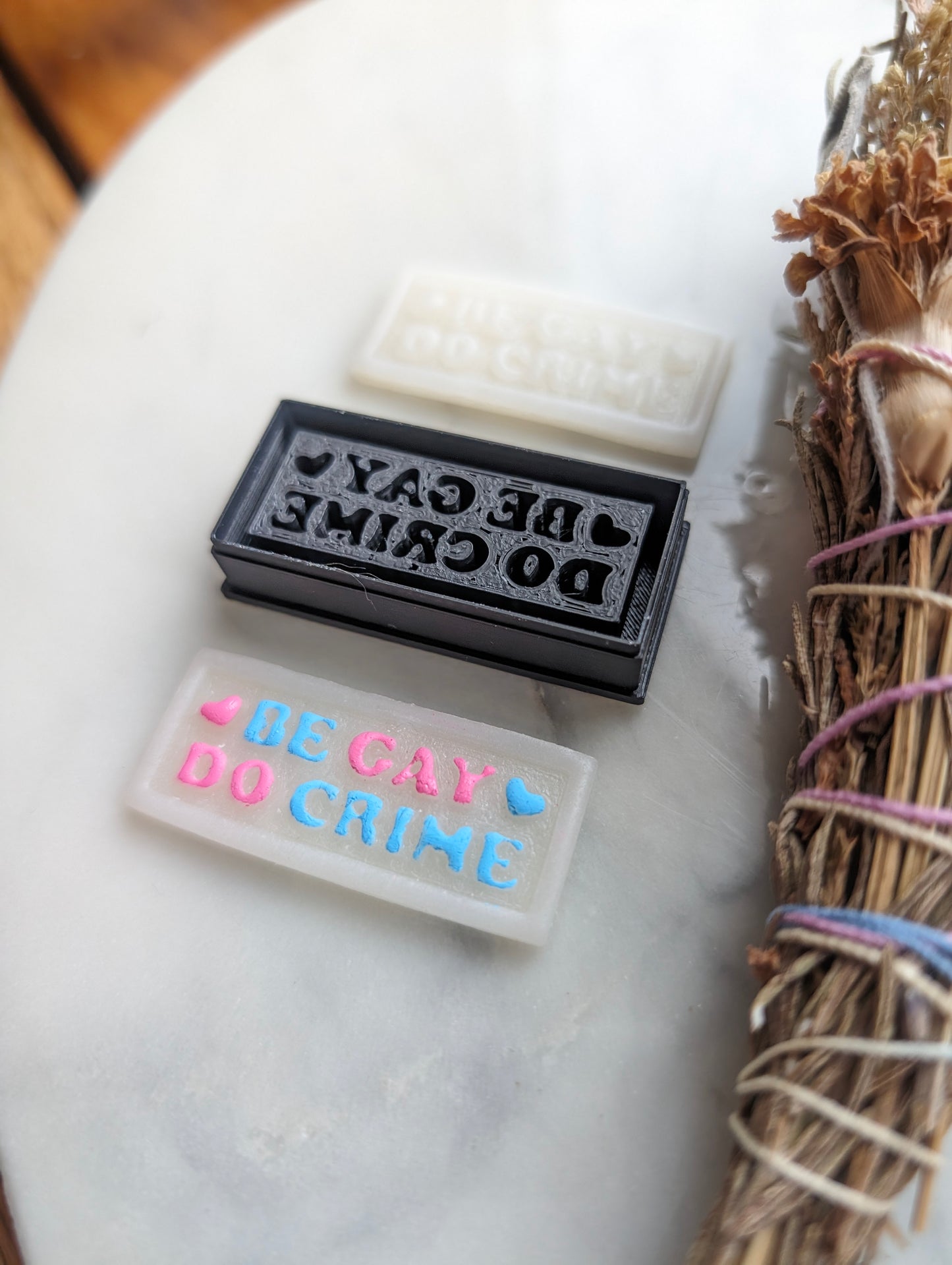 Be Gay Do Crime Text in Envelope Embossed Sharp Clay Cutter