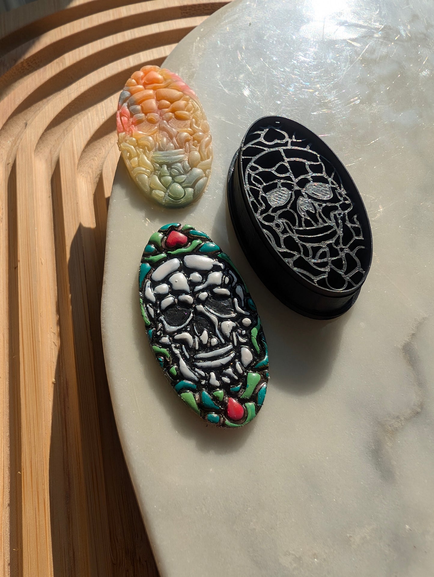 Stained Glass Skull on Oval Background Sharp Clay Cutter