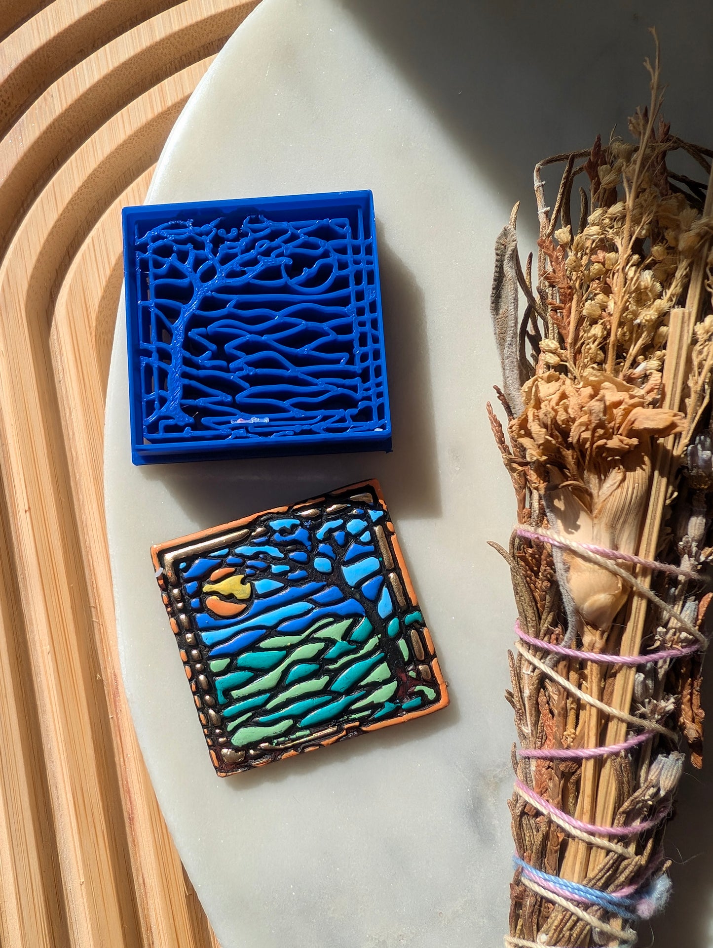 Stained Glass Bare Tree on Sunset Background Sharp Clay Cutter