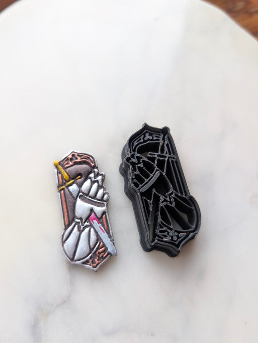 Sword Through Knight's Gloved Hand on Frame Sharp Clay Cutter