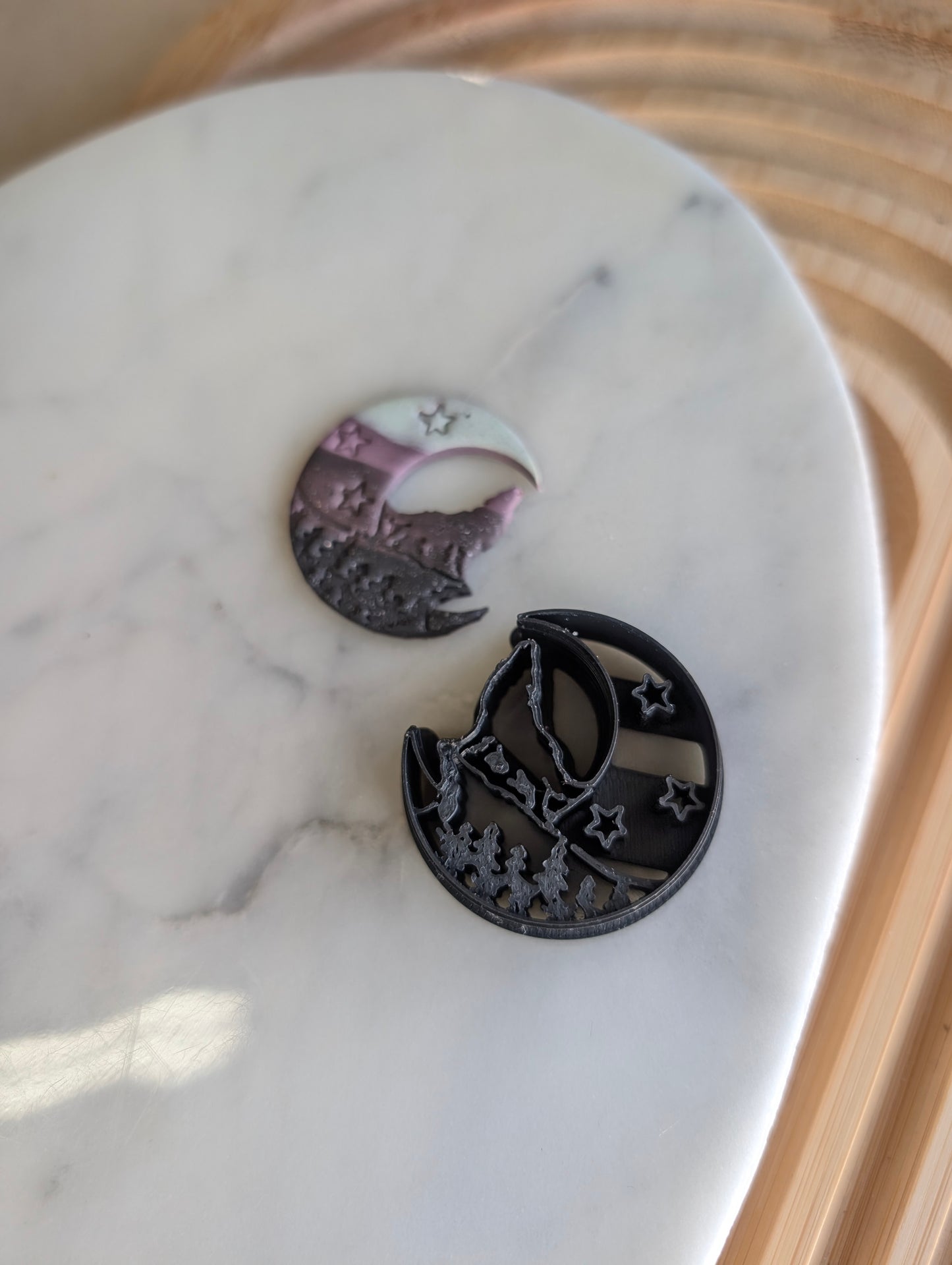 Smaller Wolf on Cliff on Crescent Moon Sharp Clay Cutter