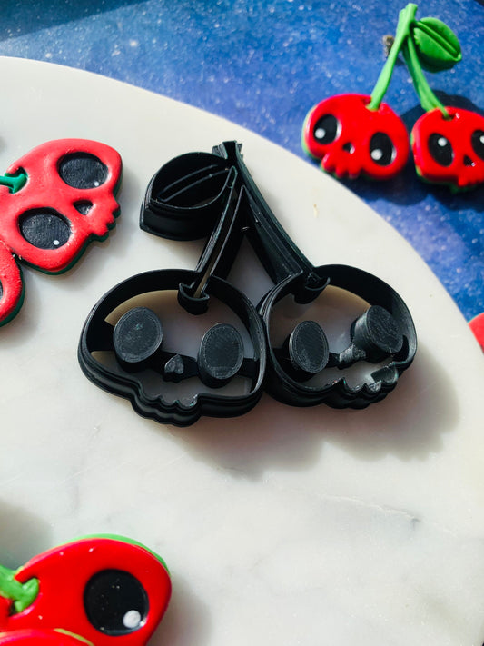 Large Chibi Skull Cherries  - Embossed Sharp Clay Cutter