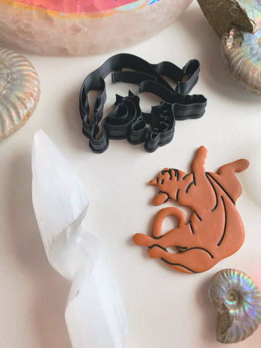 Arched Back Stretching Happy Kitty Cat - Embossed Detailed Sharp Clay Cutter