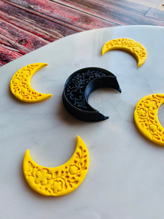 Crescent Moon with Floral Print - Sharp Polymer Clay Cutter with Detailed Lines