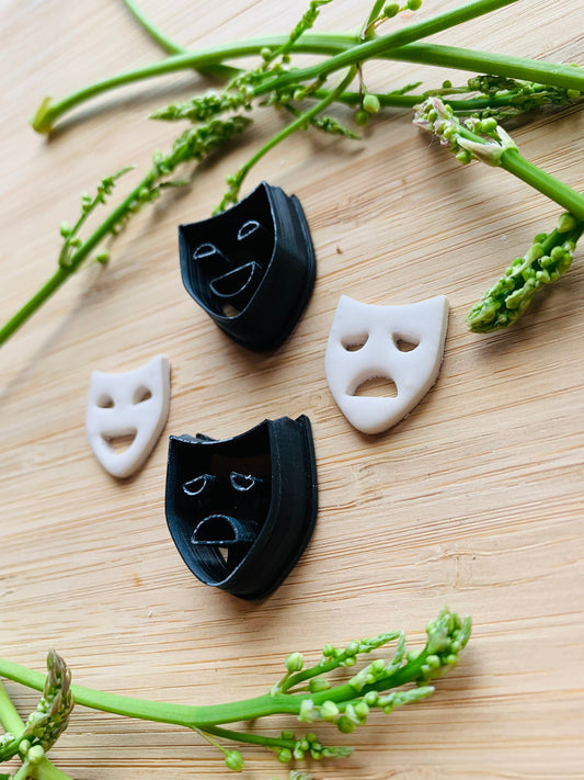 PAIR of Theatre Masks Duo Tragedy Comic Faces -  Sharp Embossed Earring Clay Cutter